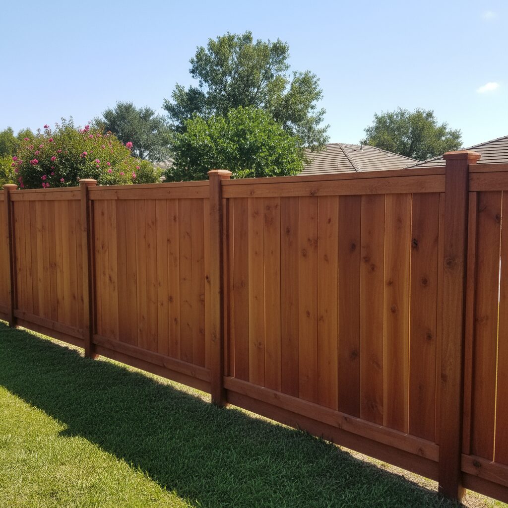 Cedar wood fence on a sunny day in San Antonio Texas recently built by San Antonio Deck and Fence Works.
