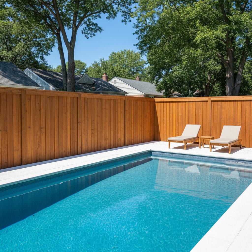 A backyard with a cedar wooden privacy fence built with vertical planks stained a ric 845387 - San Antonio Deck and Fence Works Blue pool, wooden privacy fence, loungers.-deck builder-San Antonio, Texas