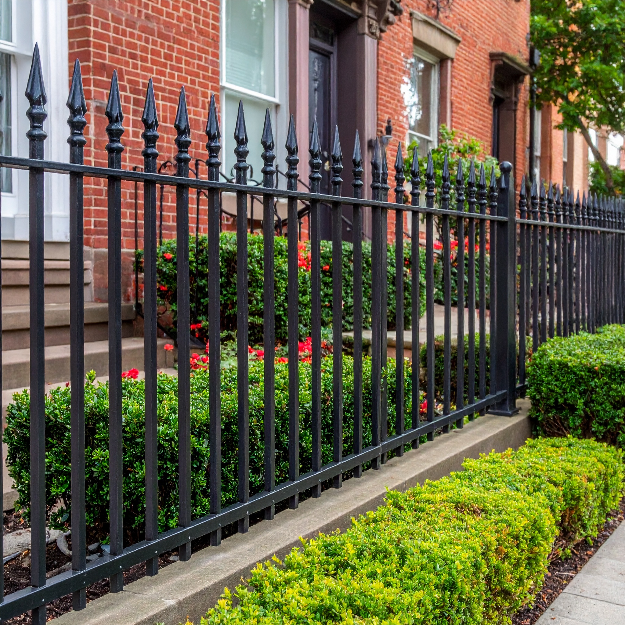 A classic black wrought iron fence in front of a brick townhouse with vertical picke 420360 - San Antonio Deck and Fence Works Black metal fence with decorative pickets-deck builder-San Antonio, Texas