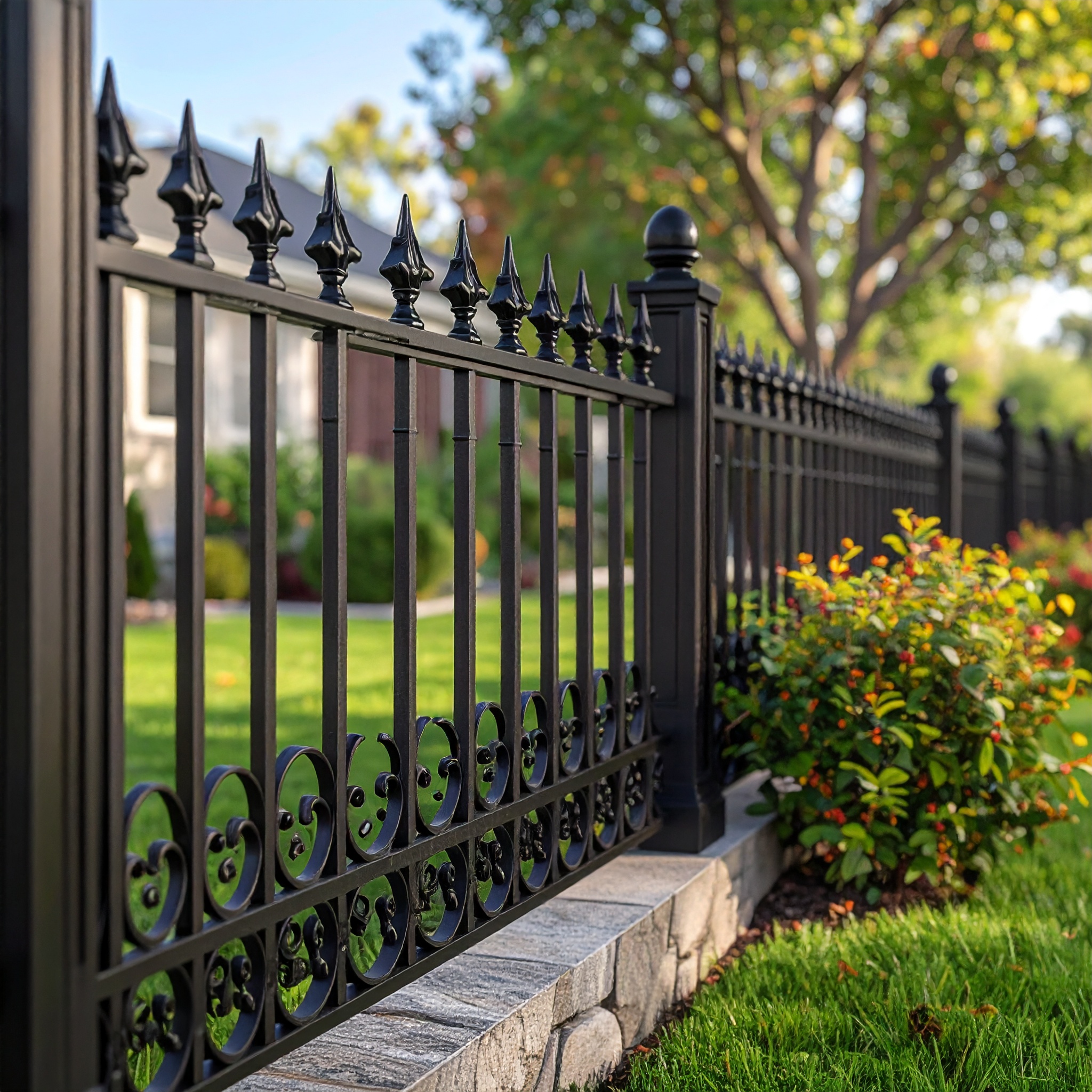 A classic black wrought iron fence with vertical pickets decorative finials and ele 933581 - San Antonio Deck and Fence Works Black wrought iron fence with stone.-deck builder-San Antonio, Texas