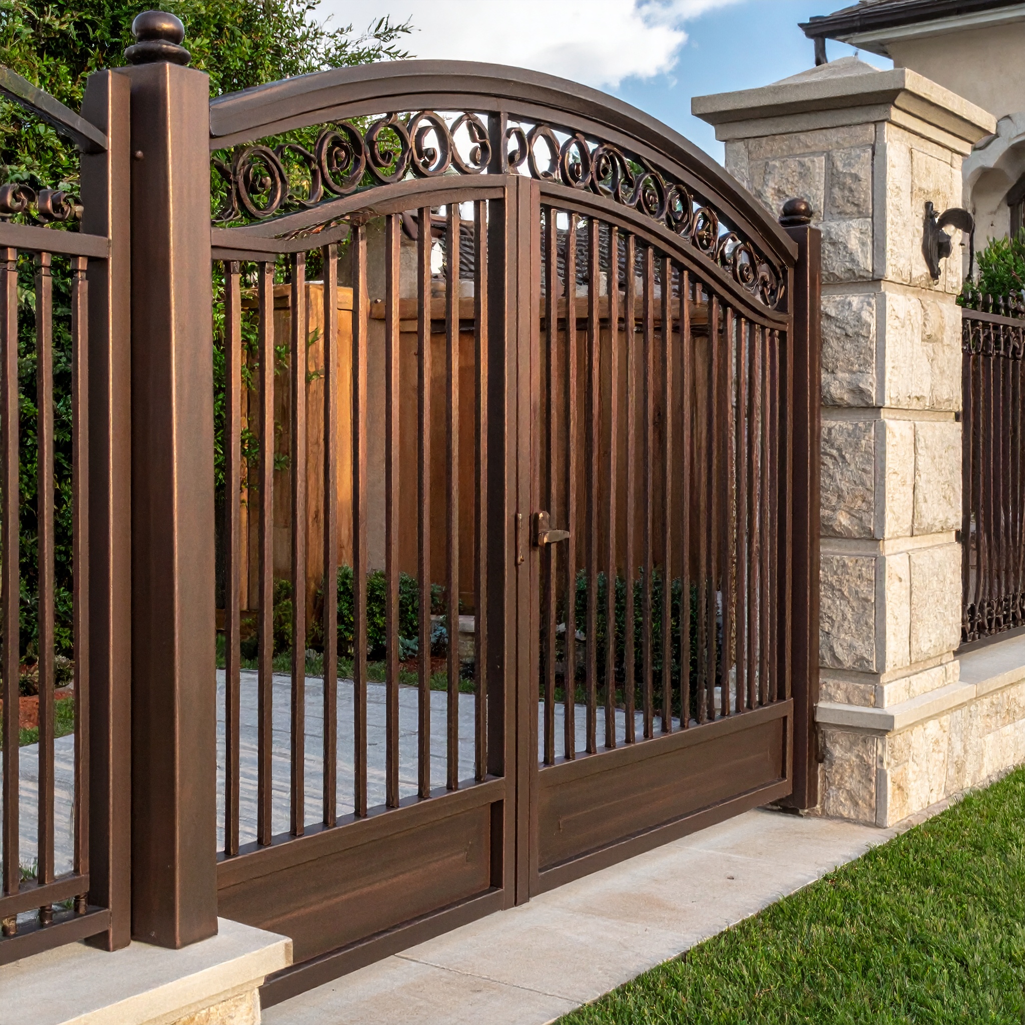 A decorative wrought iron fence in bronze finish with tall vertical bars and ornamen 508737 - San Antonio Deck and Fence Works Brown metal gate with stone pillars-deck builder-San Antonio, Texas