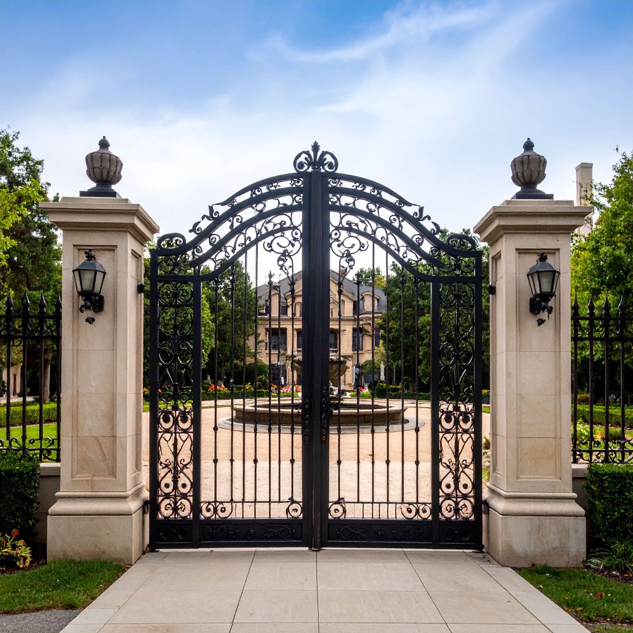 A grand ornamental wrought iron gate with tall double doors featuring intricate scro 241396 - San Antonio Deck and Fence Works Black wrought iron gate, stone pillars.-deck builder-San Antonio, Texas