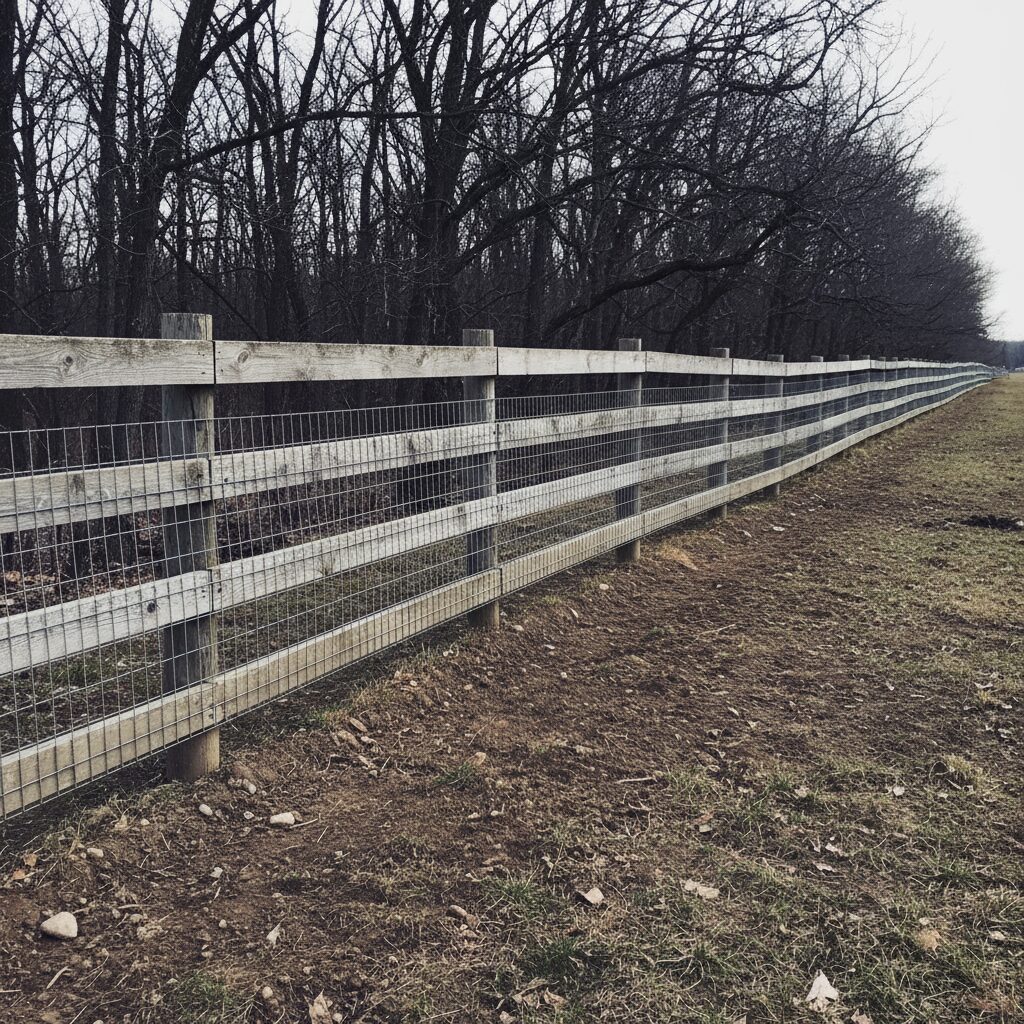 Wood and wire fence, bare trees.-deck builder-San Antonio, Texas