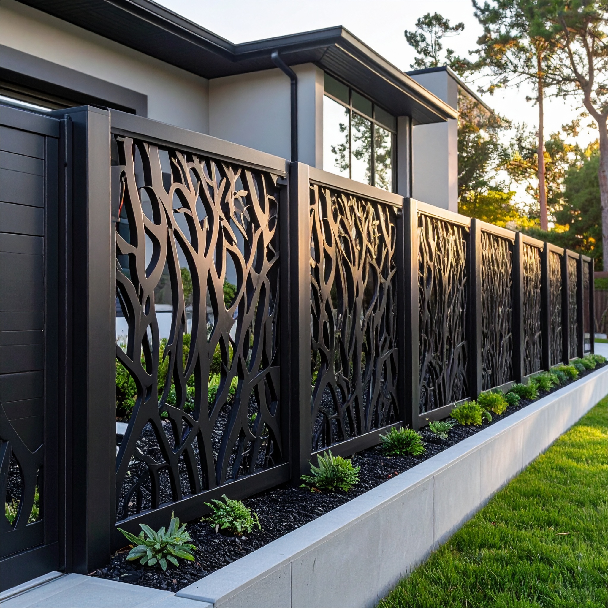 A modern ornamental metal fence with abstract cutout patterns resembling organic sha 508737 - San Antonio Deck and Fence Works Black metal fence with decorative panels-deck builder-San Antonio, Texas