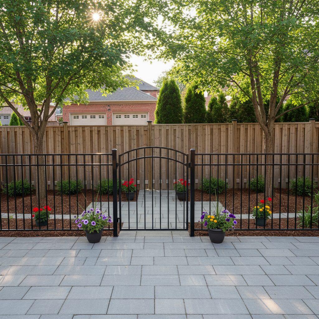 A suburban backyard with a black metal fence and swing gate in the foreground featur 43111 - San Antonio Deck and Fence Works Black metal gate with wooden fence.-deck builder-San Antonio, Texas