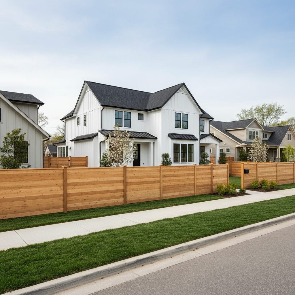 A suburban home with a horizontal wooden privacy fence made of smooth cedar planks an 456732 - San Antonio Deck and Fence Works White house, wooden fence, black roof.-deck builder-San Antonio, Texas