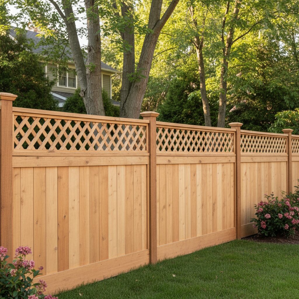 A suburban yard bordered by a wooden privacy fence with lattice detail. The lower por 845387 - San Antonio Deck and Fence Works Wooden fence with lattice design.-deck builder-San Antonio, Texas