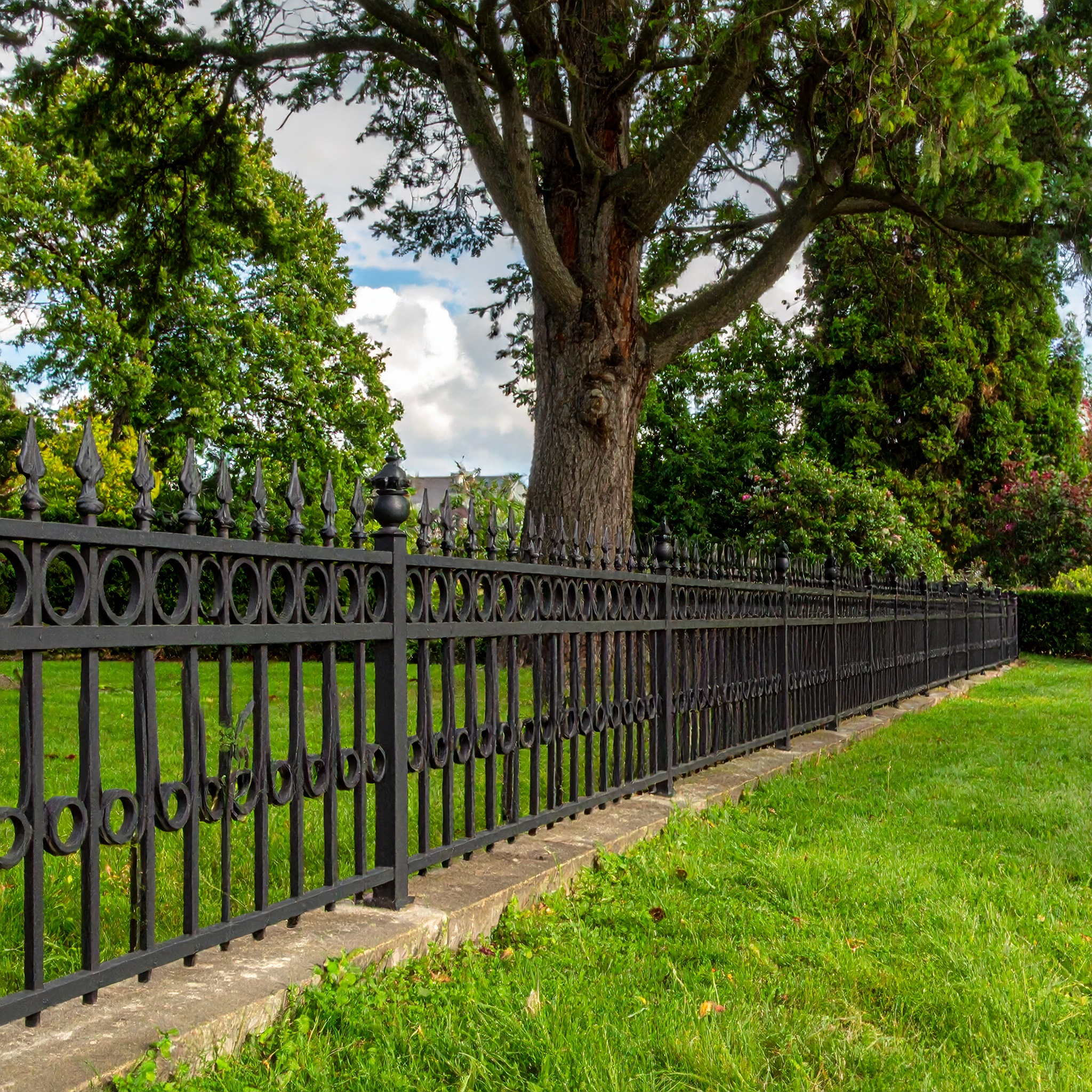 An ornamental wrought iron fence with repeating circular patterns along the mid-rail 612200 - San Antonio Deck and Fence Works Black wrought iron fence, stone base.-deck builder-San Antonio, Texas