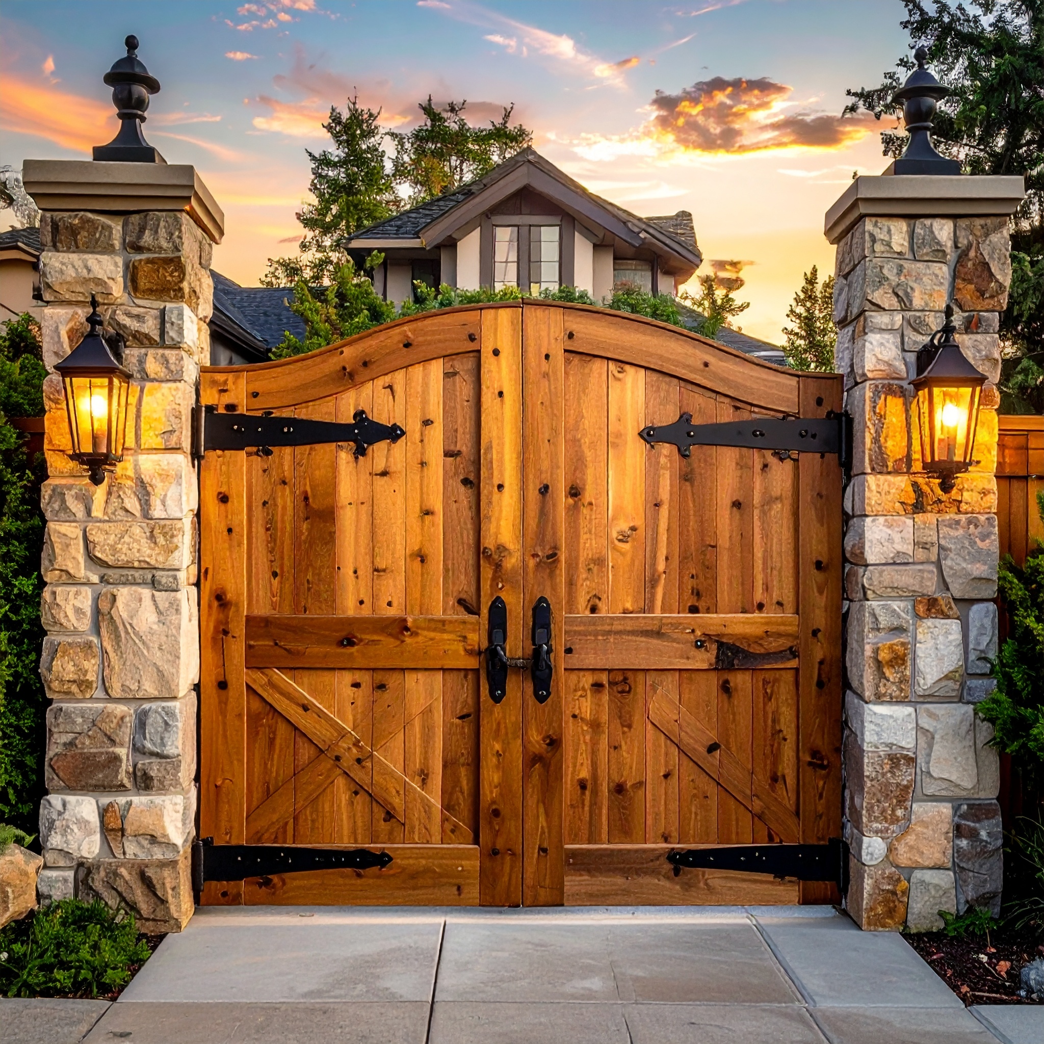 Beautiful handcrafted wooden estate gate with decorative black iron hinges rustic st 400756 - San Antonio Deck and Fence Works Stone pillars with wooden gate.-deck builder-San Antonio, Texas