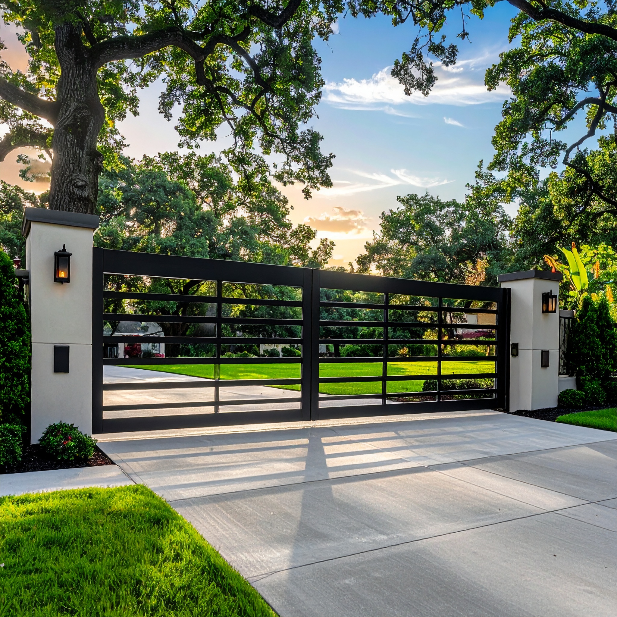 Black automatic swing gate with vertical metal bars wide concrete driveway open gre 400756 - San Antonio Deck and Fence Works Black metal gate with stone pillars-deck builder-San Antonio, Texas