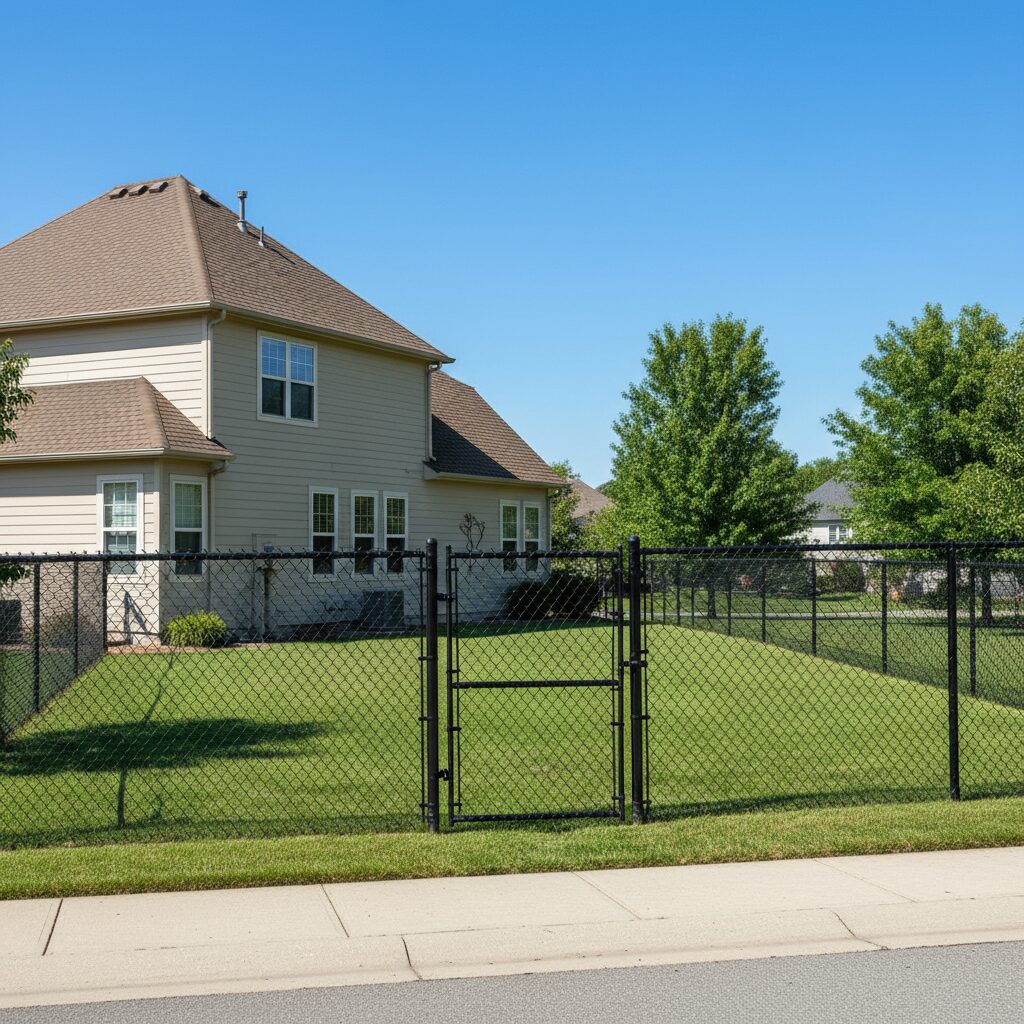 Black chain-link fence with a double gate enclosing a suburban backyard The fence ex 145865 - San Antonio Deck and Fence Works Black chain-link fence, suburban yard.-deck builder-San Antonio, Texas