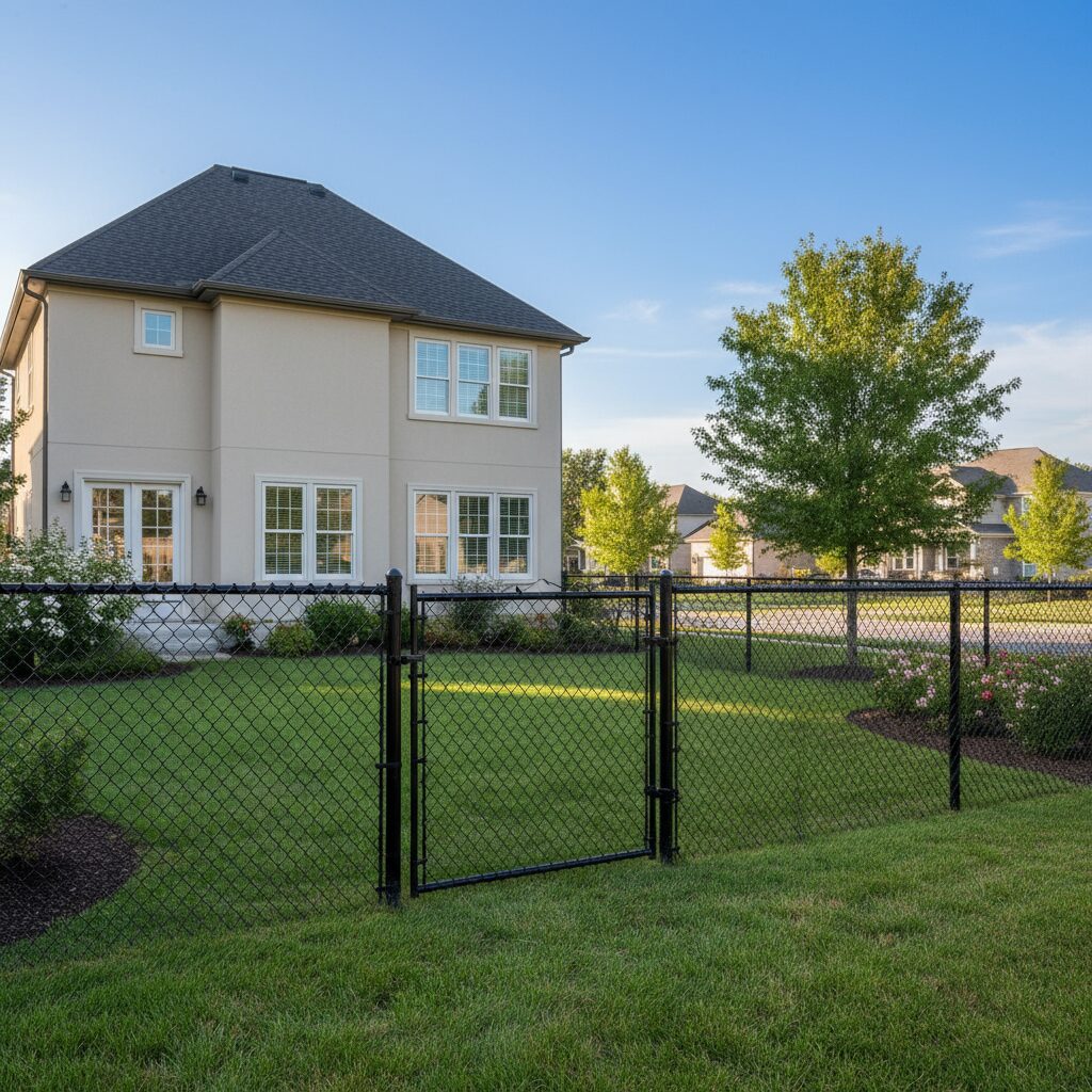 Black chain-link fence with a double gate enclosing a suburban backyard The fence ex 609404 - San Antonio Deck and Fence Works Black chain link fence, green lawn.-deck builder-San Antonio, Texas