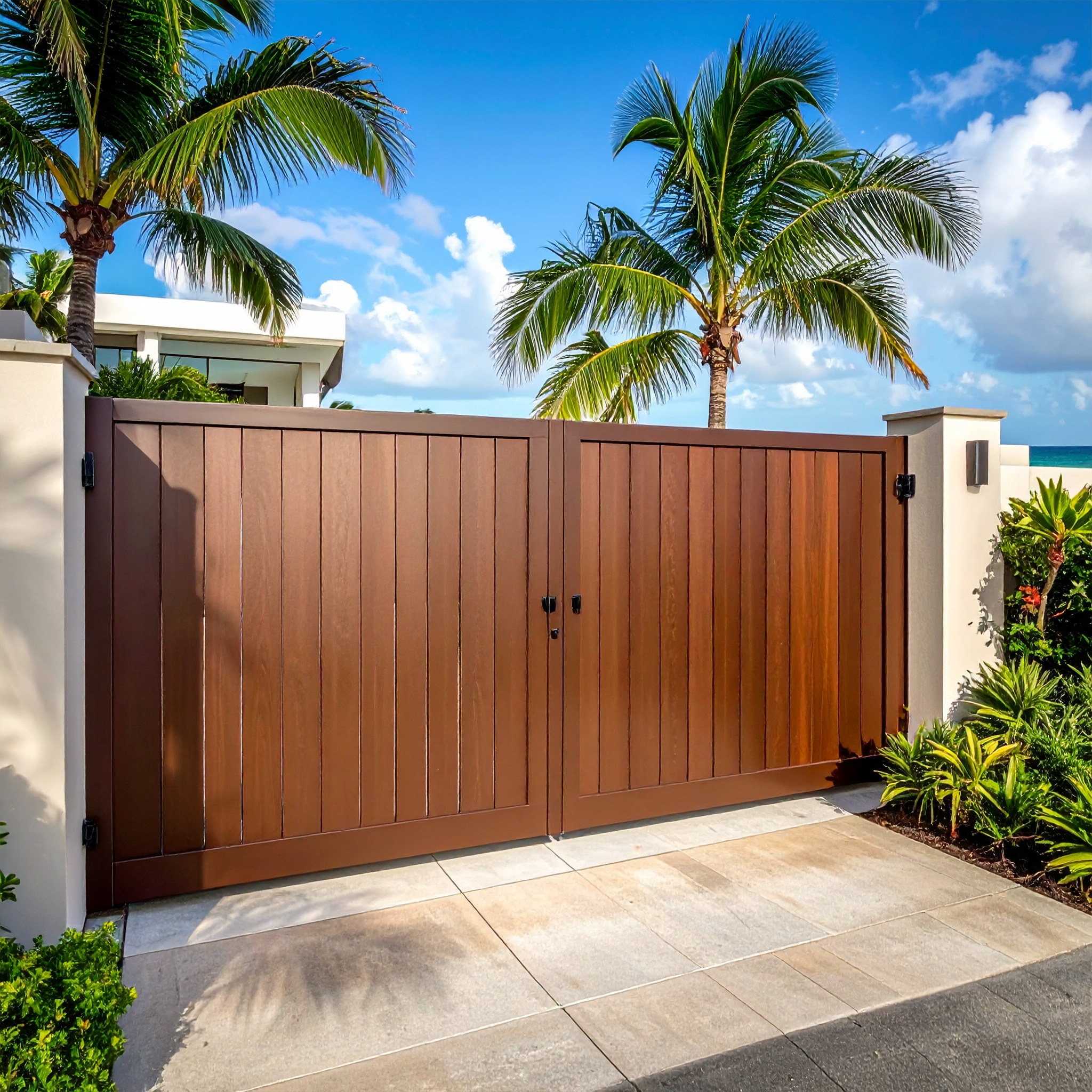 Brown metal estate gate at tropical property with modern house palm trees and ocean 565070 - San Antonio Deck and Fence Works Brown wooden gate with stone pillars-deck builder-San Antonio, Texas