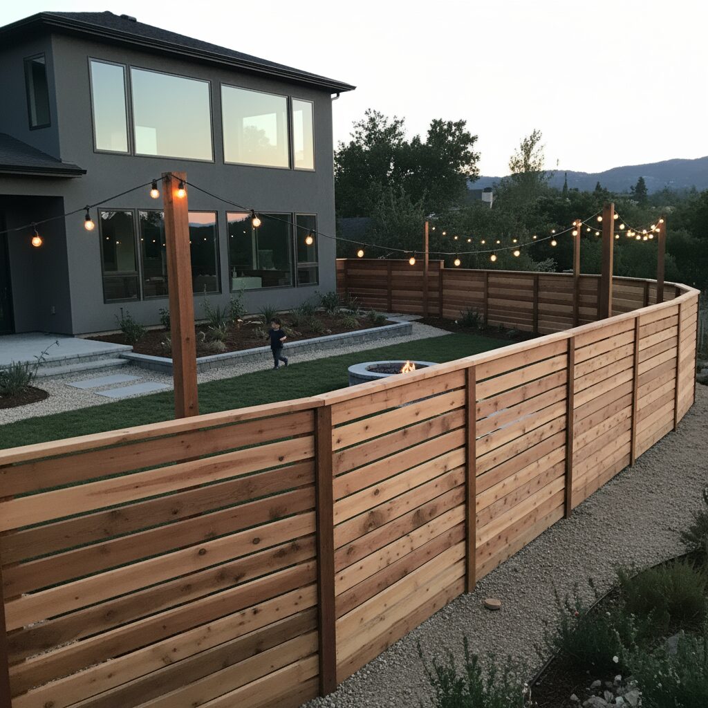 Custom wood fence back of modern home. amateur photograph_ 678225 - San Antonio Deck and Fence Works Natural wood fence with string lights.-deck builder-San Antonio, Texas