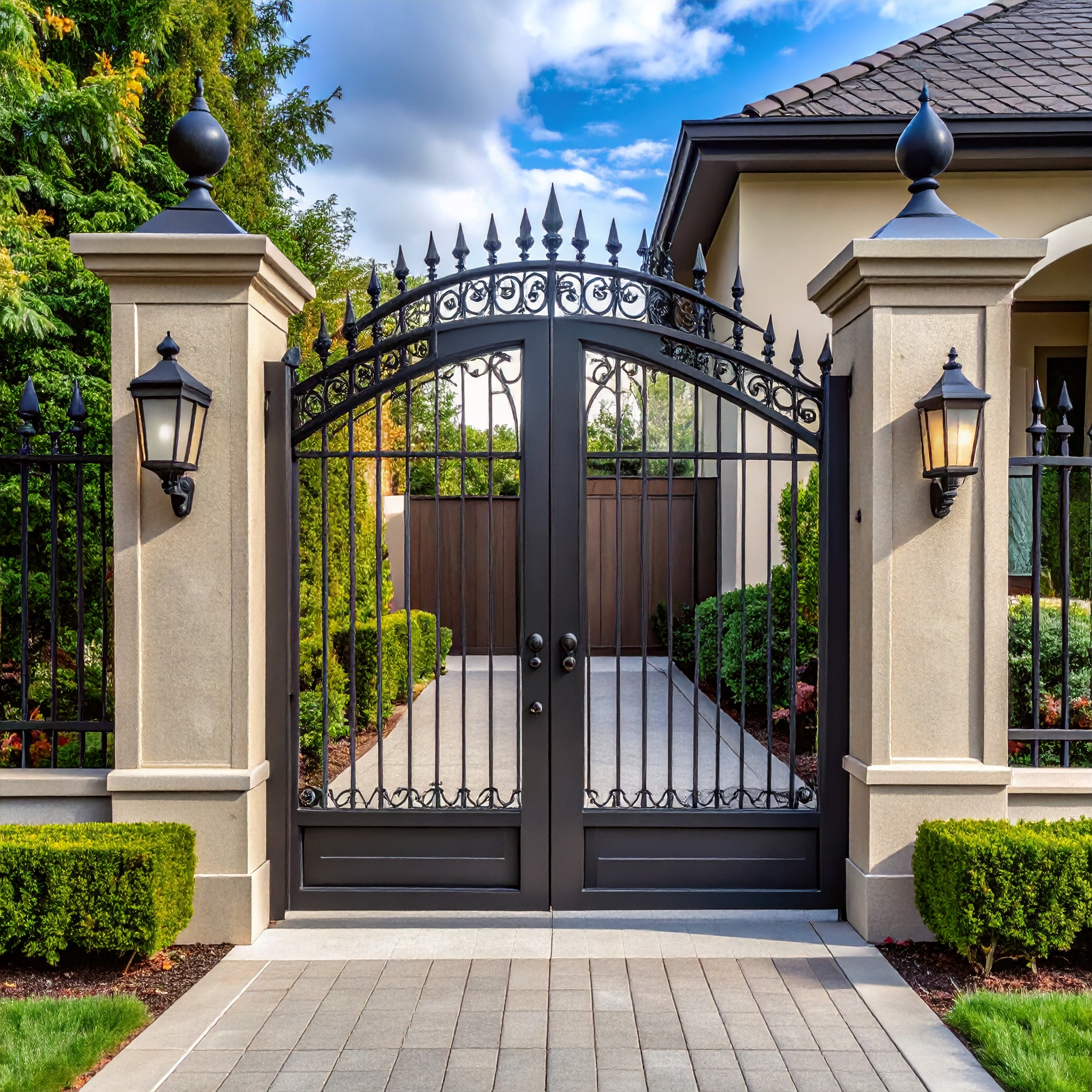 Elegant wrought iron gate and fence with arched design and spear-top finials painted 508737 - San Antonio Deck and Fence Works Black wrought iron gate with pillars-deck builder-San Antonio, Texas