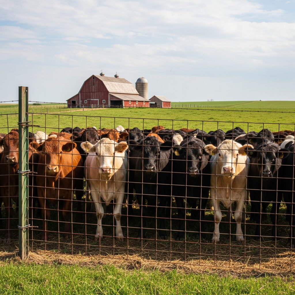 Metal wire fence, red barn background.-deck builder-San Antonio, Texas
