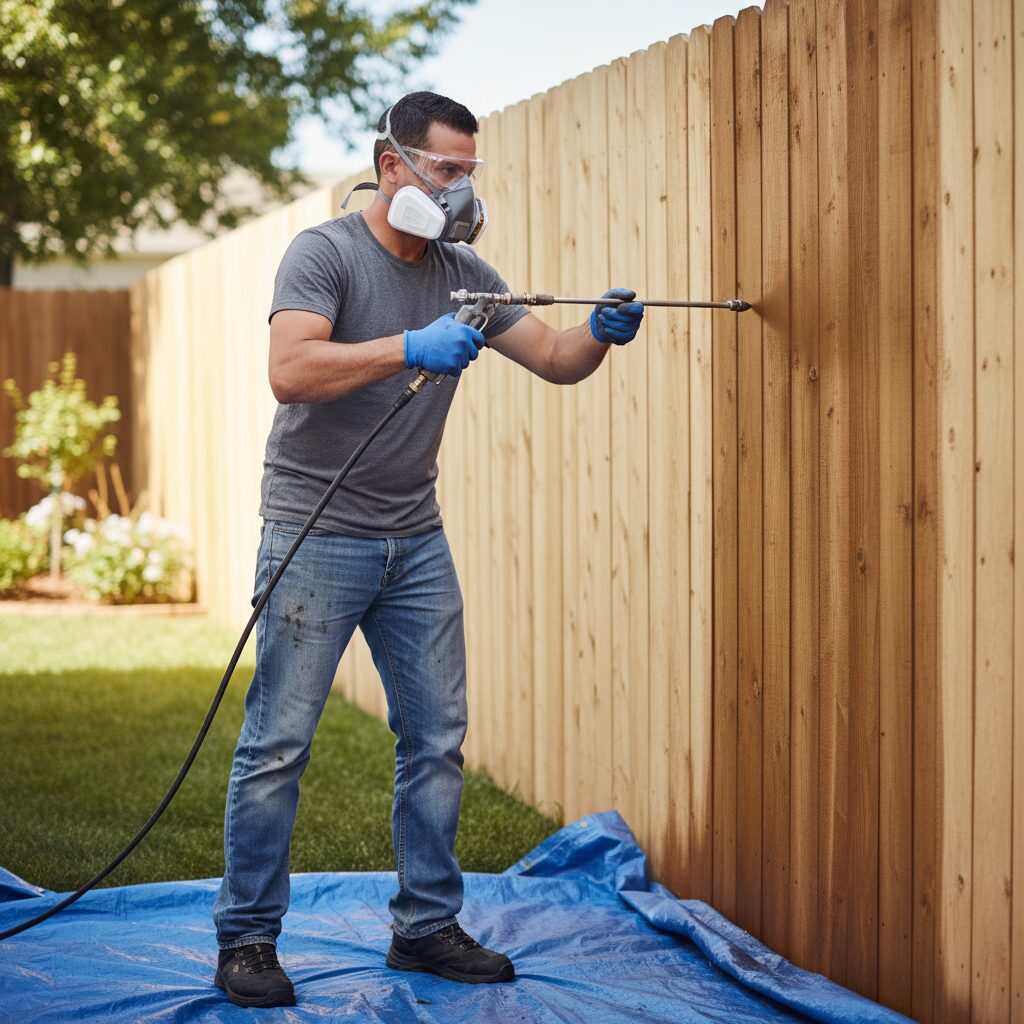 Firefly_Gemini Flash_A worker staining a wooden privacy fence with a sprayer wearing protective gear incl 192739 - San Antonio Deck and Fence Works Stained wood fence, blue tarp.-deck builder-San Antonio, Texas