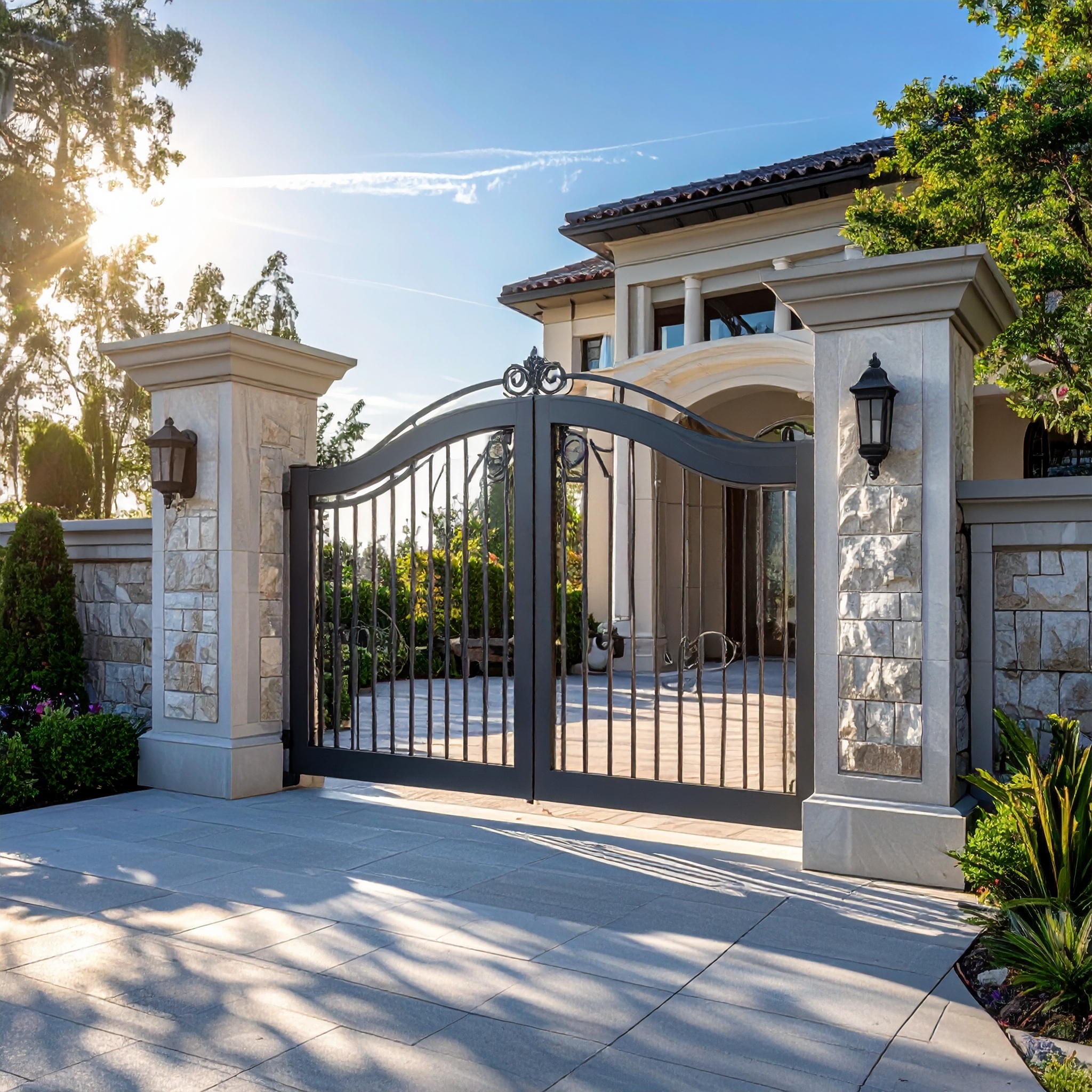 Modern luxury grey metal driveway gate with decorative scroll accents limestone colu 383580 - San Antonio Deck and Fence Works Black wrought iron gate, stone pillars.-deck builder-San Antonio, Texas