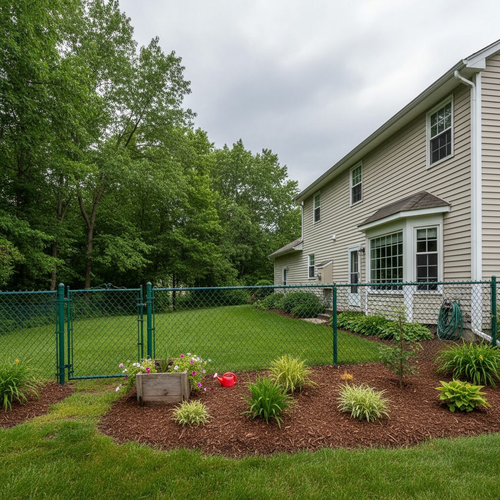 Residential backyard with green chain-link fence and small swinging gate siding of l 16930 - San Antonio Deck and Fence Works Green chain-link fence with garden.-deck builder-San Antonio, Texas