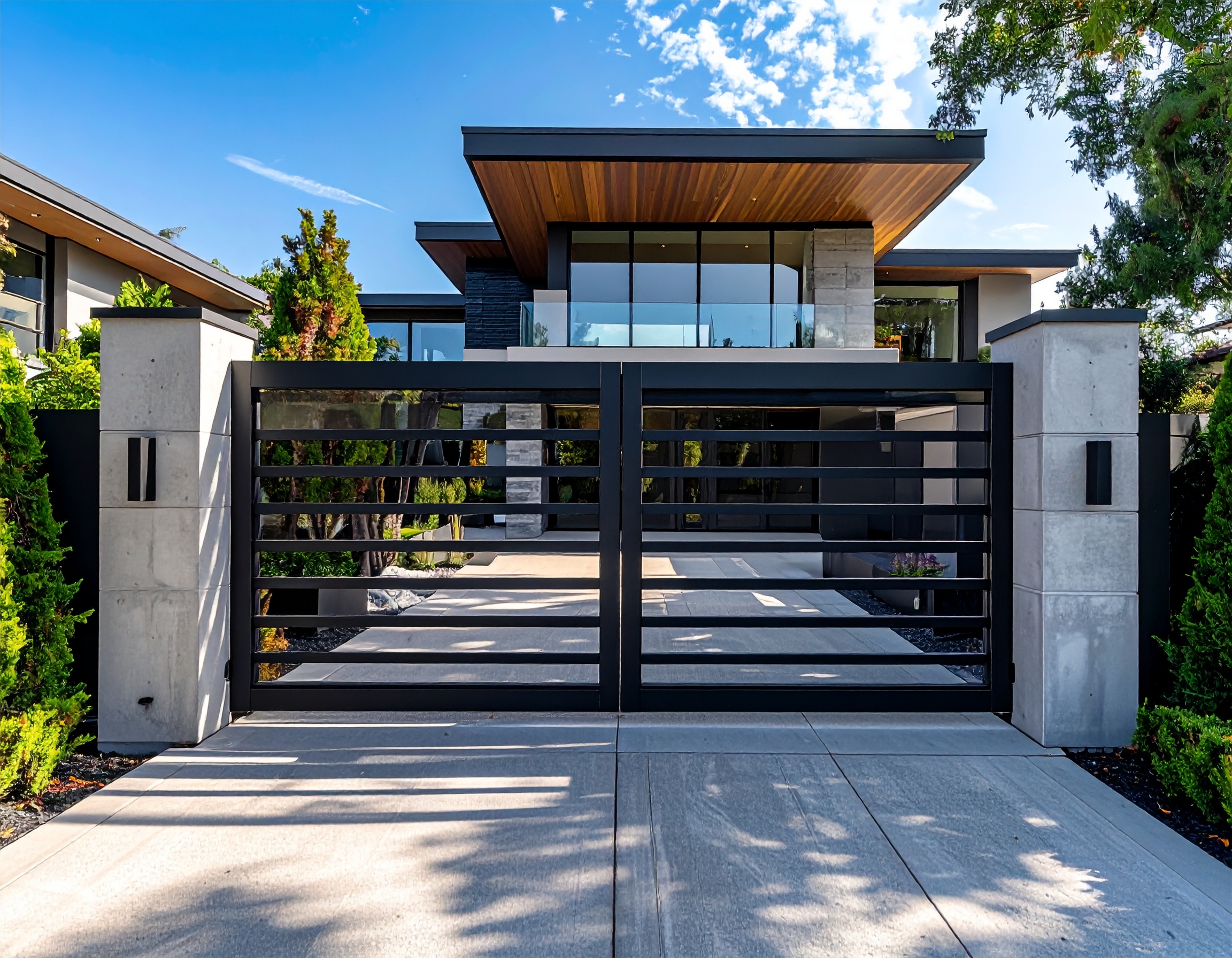 Sleek black sliding driveway gate with horizontal metal bars concrete posts luxury 559615 - San Antonio Deck and Fence Works Black metal gate with concrete pillars-deck builder-San Antonio, Texas