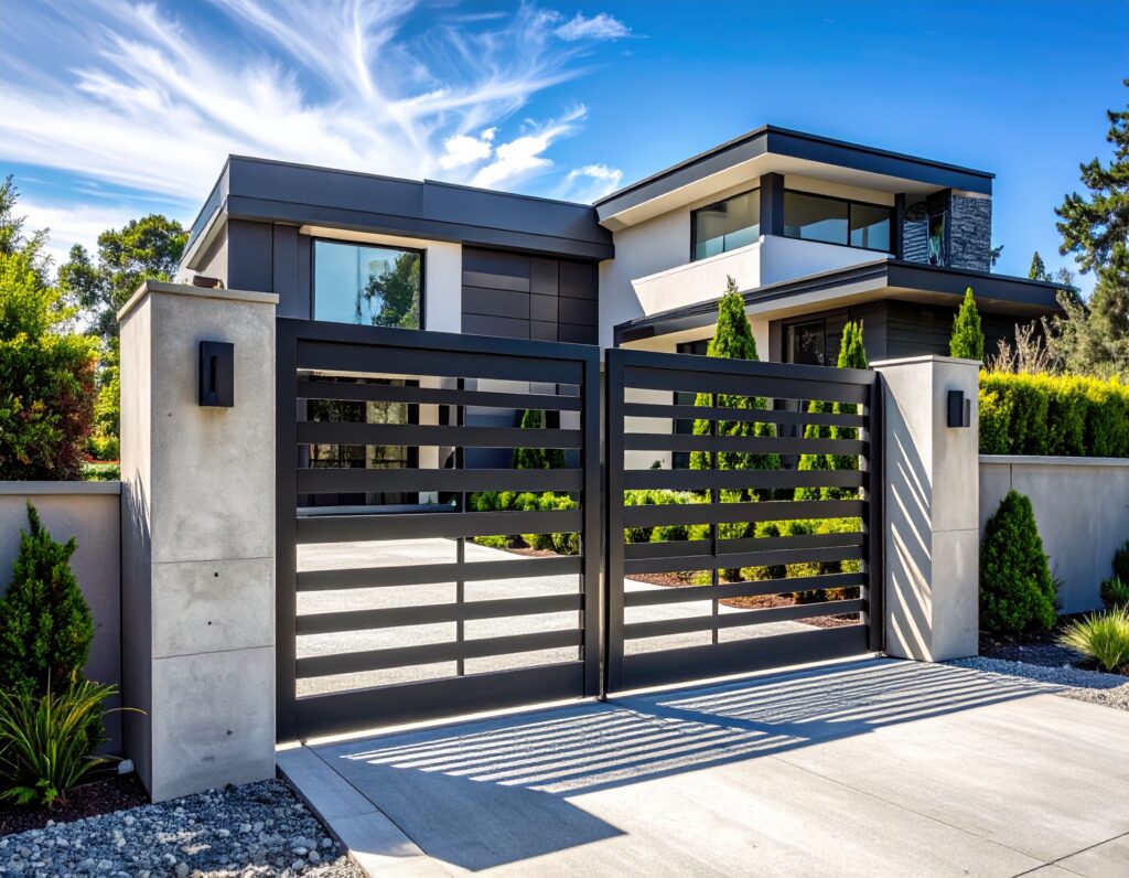 Sleek black sliding driveway gate with horizontal metal bars concrete posts luxury 608605 - San Antonio Deck and Fence Works