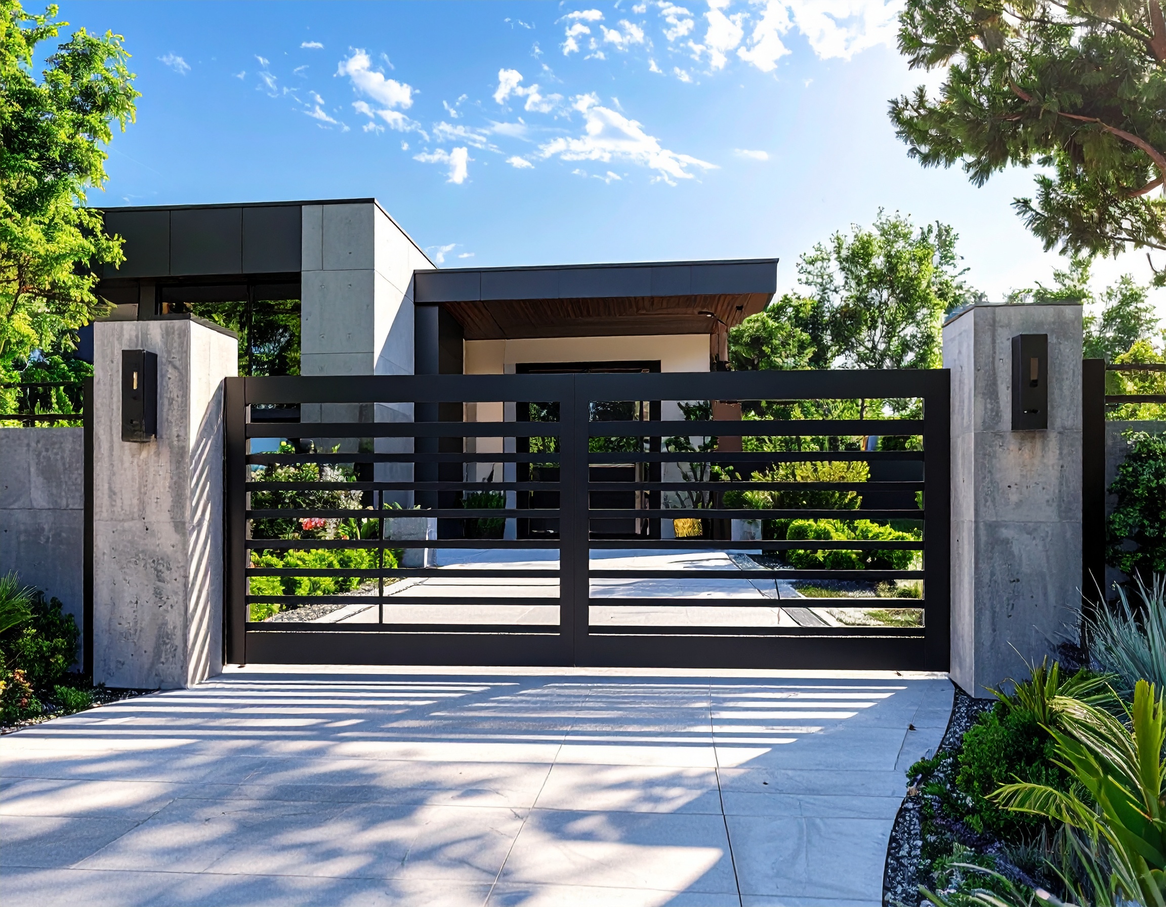 Sleek black sliding driveway gate with horizontal metal bars concrete posts luxury 824866 - San Antonio Deck and Fence Works Black metal gate with concrete pillars-deck builder-San Antonio, Texas