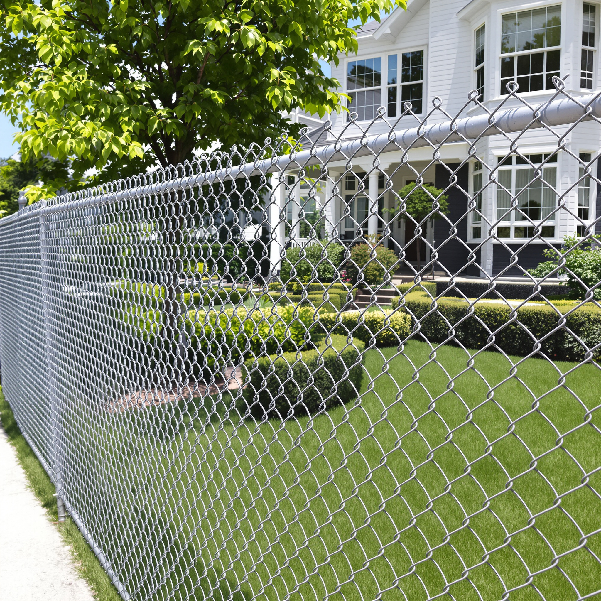Strong and durable chain link fence enclosing a well-kept yard bright sunny day sym 333004 - San Antonio Deck and Fence Works Chain-link fence, metal, green lawn.-deck builder-San Antonio, Texas