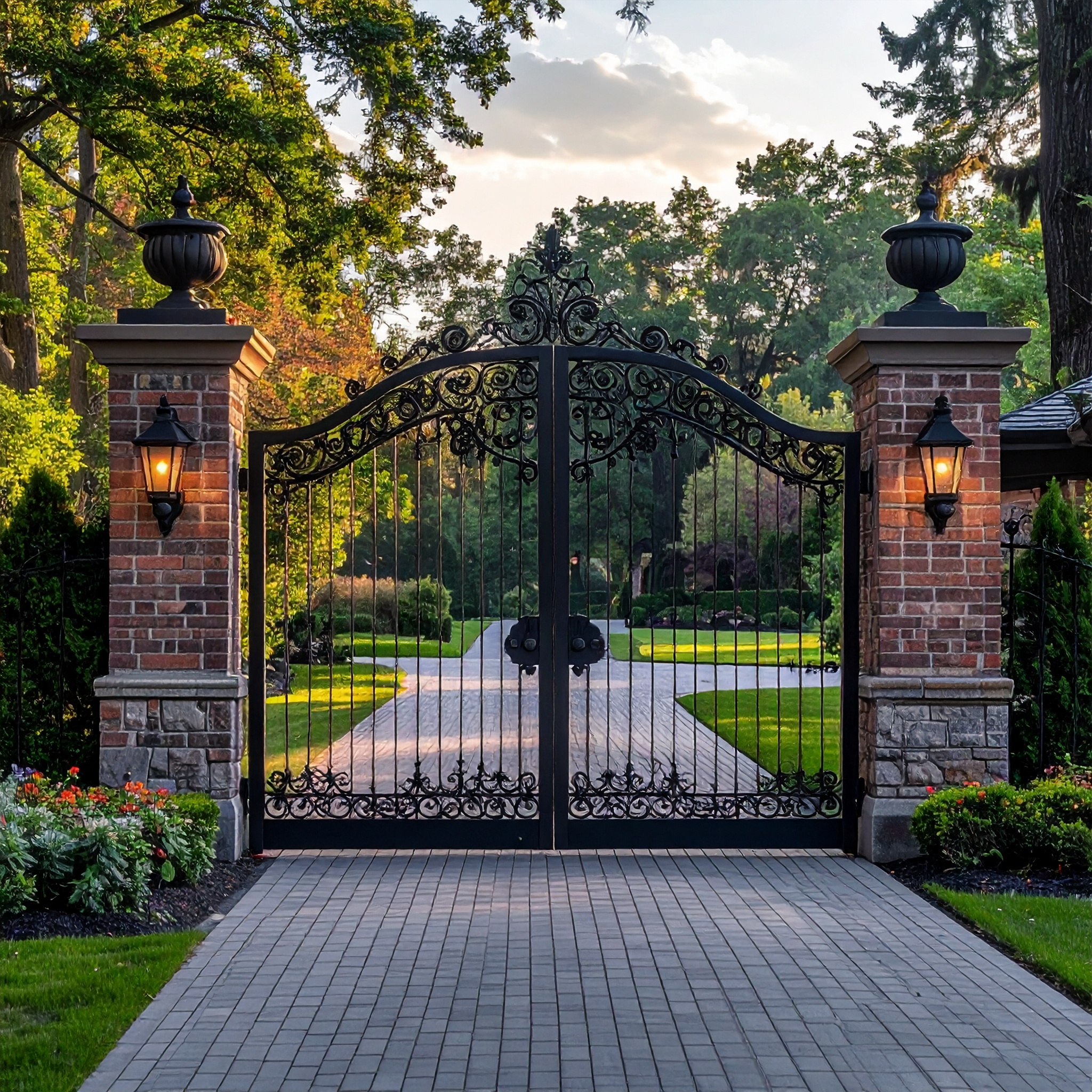 Traditional black wrought iron estate gate with intricate scrollwork brick pillars 253677 - San Antonio Deck and Fence Works Black wrought iron gate, brick pillars.-deck builder-San Antonio, Texas