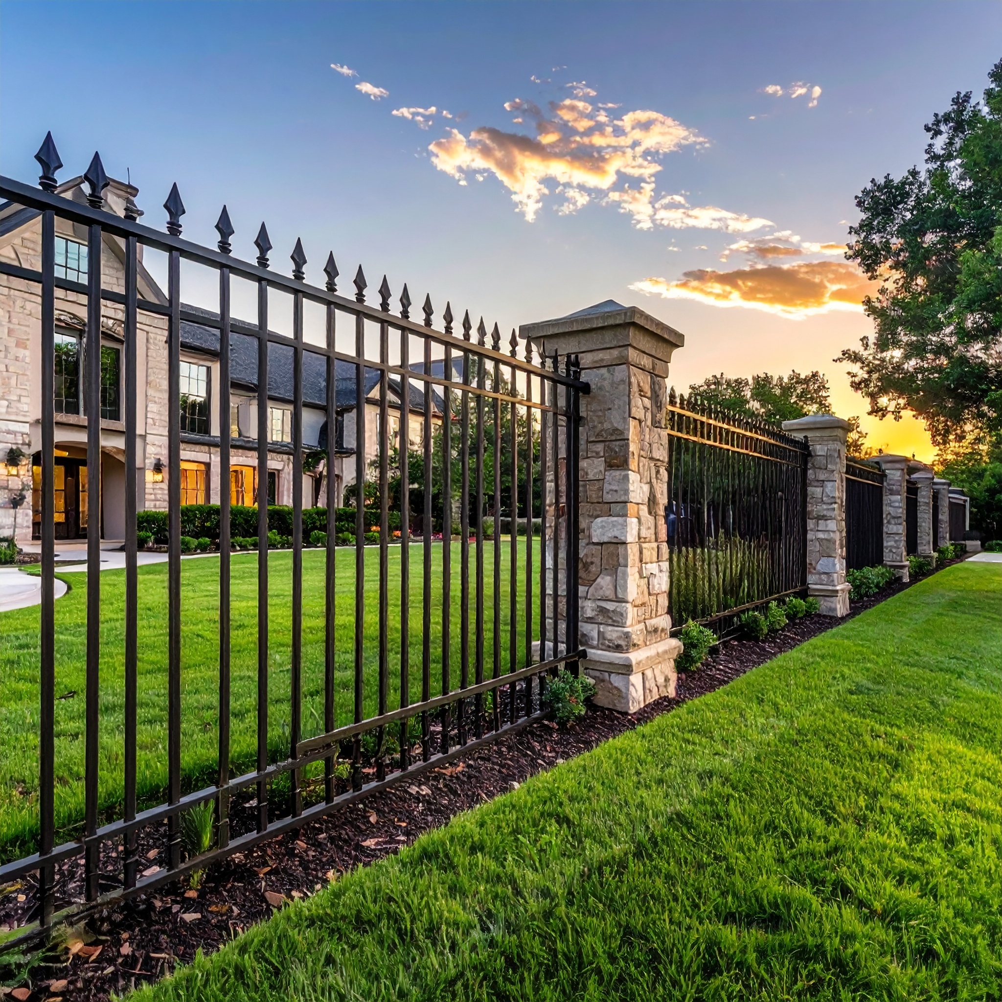 Traditional wrought iron fence with clean vertical bars and a polished finish surrou 66157 - San Antonio Deck and Fence Works Black metal fence with stone pillars-deck builder-San Antonio, Texas