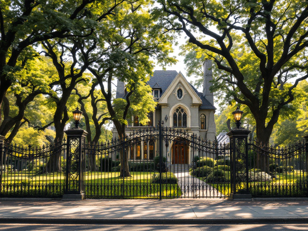 Wrought iron fence in front of a gothic revival home in urban but mature trees and pa 241396 - San Antonio Deck and Fence Works Wrought iron fence with stone pillars-deck builder-San Antonio, Texas