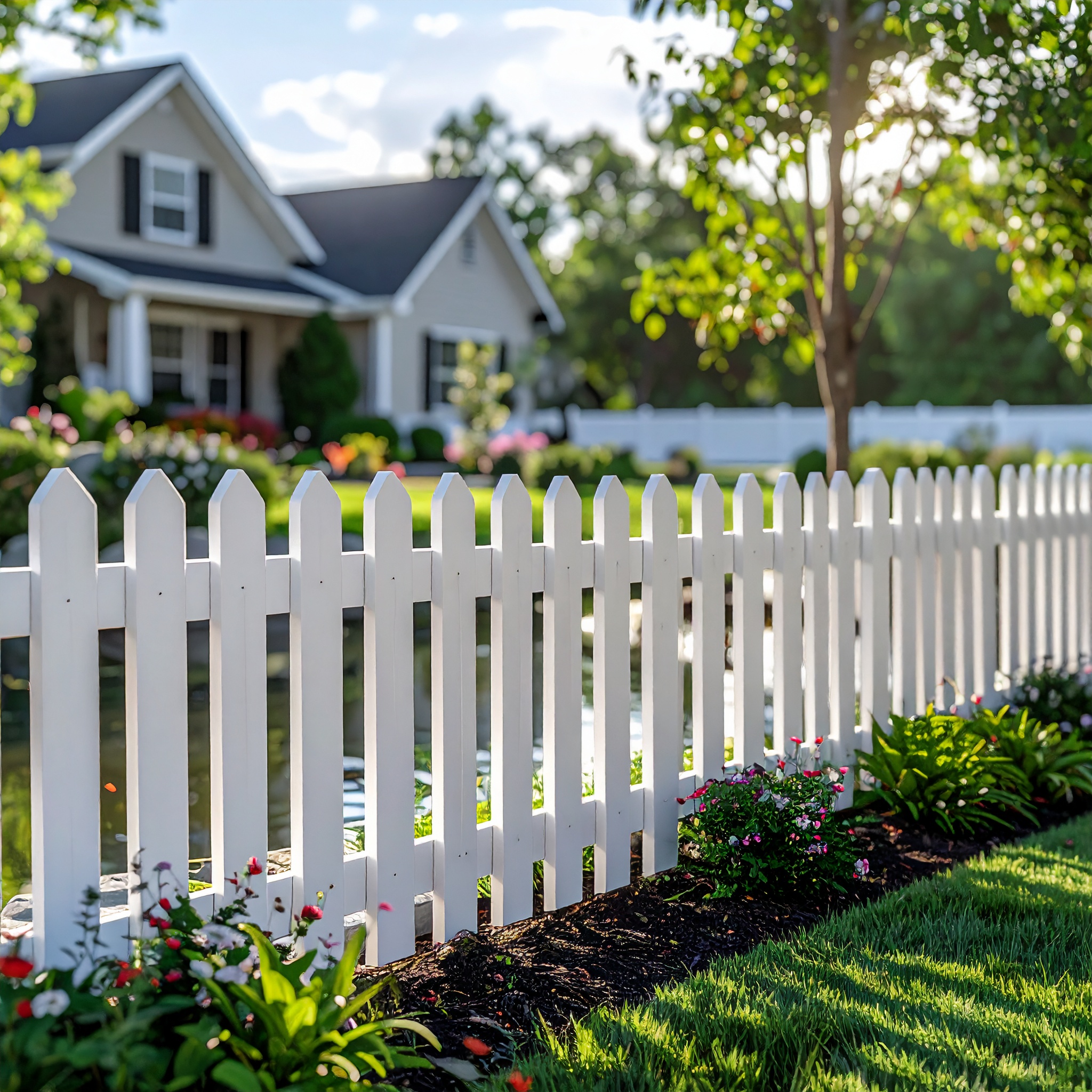 a pristine white vinyl picket fence surrounding a landscaped suburban backyard with a 869269 - San Antonio Deck and Fence Works White wooden picket fence, lush garden.-deck builder-San Antonio, Texas