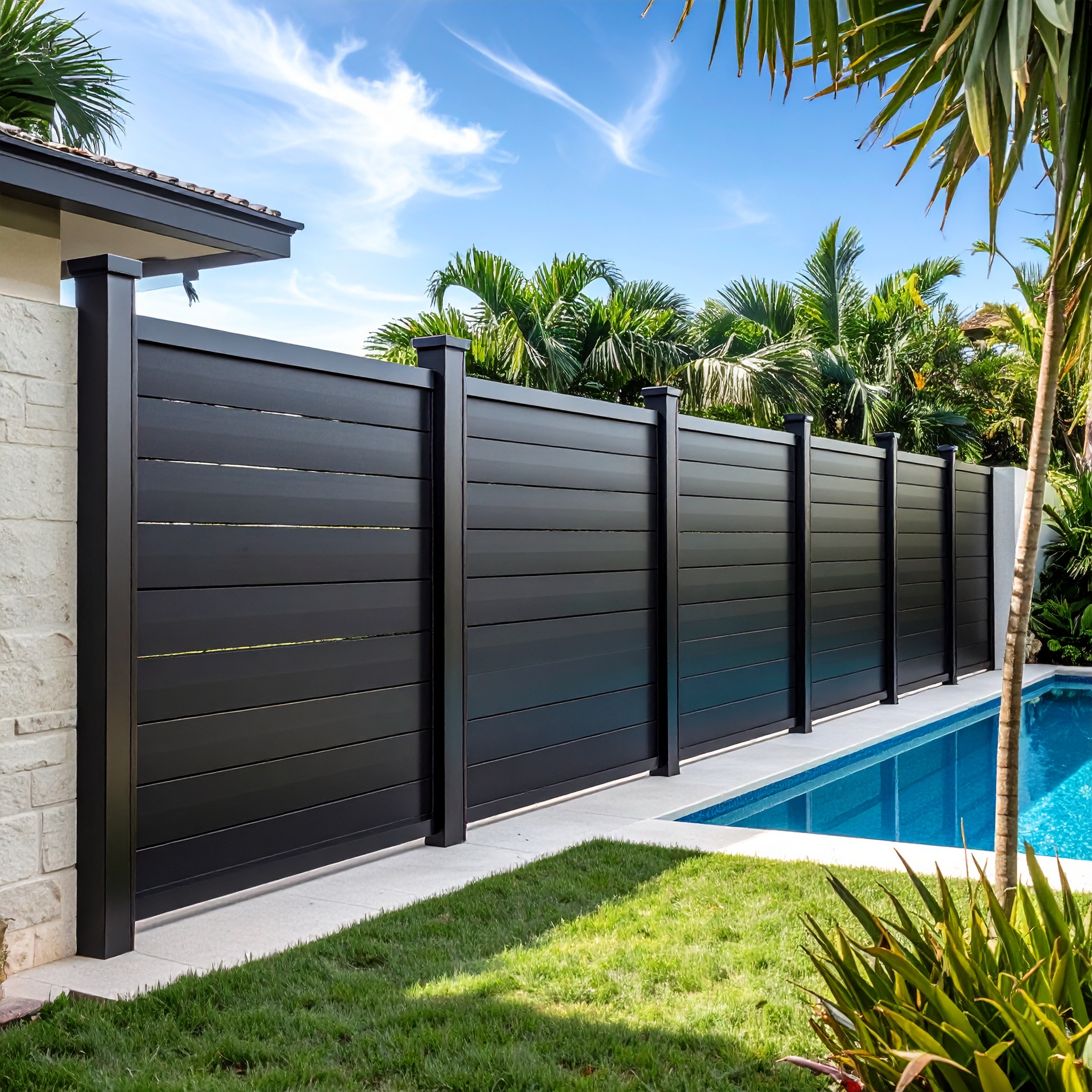 aluminum-fence-san-antonio-20 - San Antonio Deck and Fence Works Black aluminum fence beside swimming pool-deck builder-San Antonio, Texas