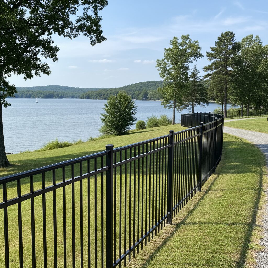 aluminum-fence-san-antonio-23 - San Antonio Deck and Fence Works Black metal fence by grassy lake.-deck builder-San Antonio, Texas
