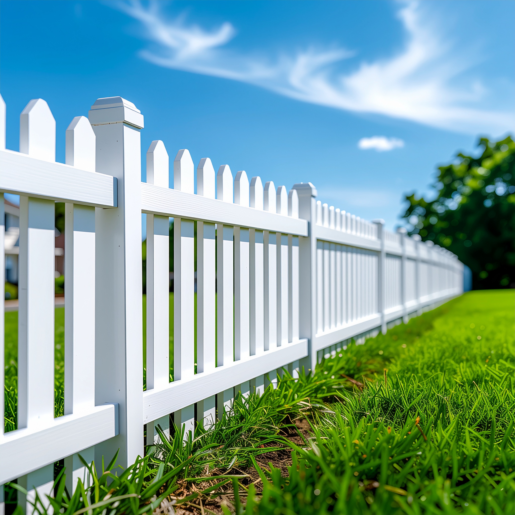 classic tall white vinyl picket fence with squared caps stretching across a vibrant 960968 - San Antonio Deck and Fence Works White vinyl picket fence with grass.-deck builder-San Antonio, Texas