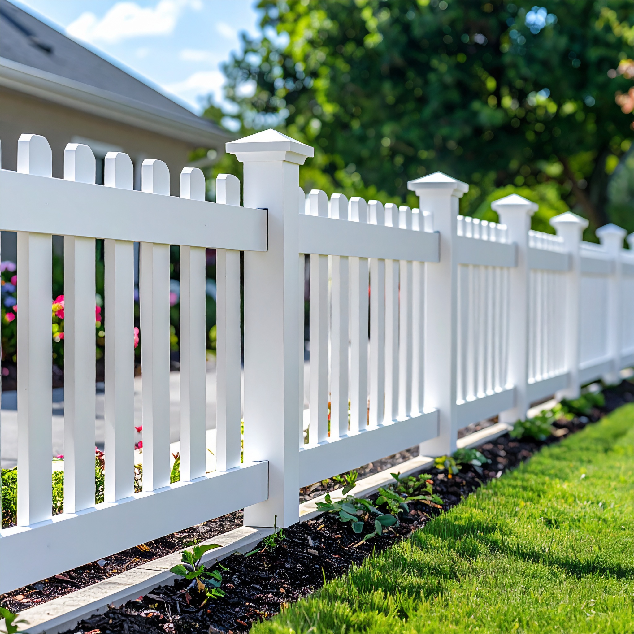 classic white vinyl picket fence with square posts and decorative caps lining a subu 218105 - San Antonio Deck and Fence Works White vinyl picket fence with caps.-deck builder-San Antonio, Texas