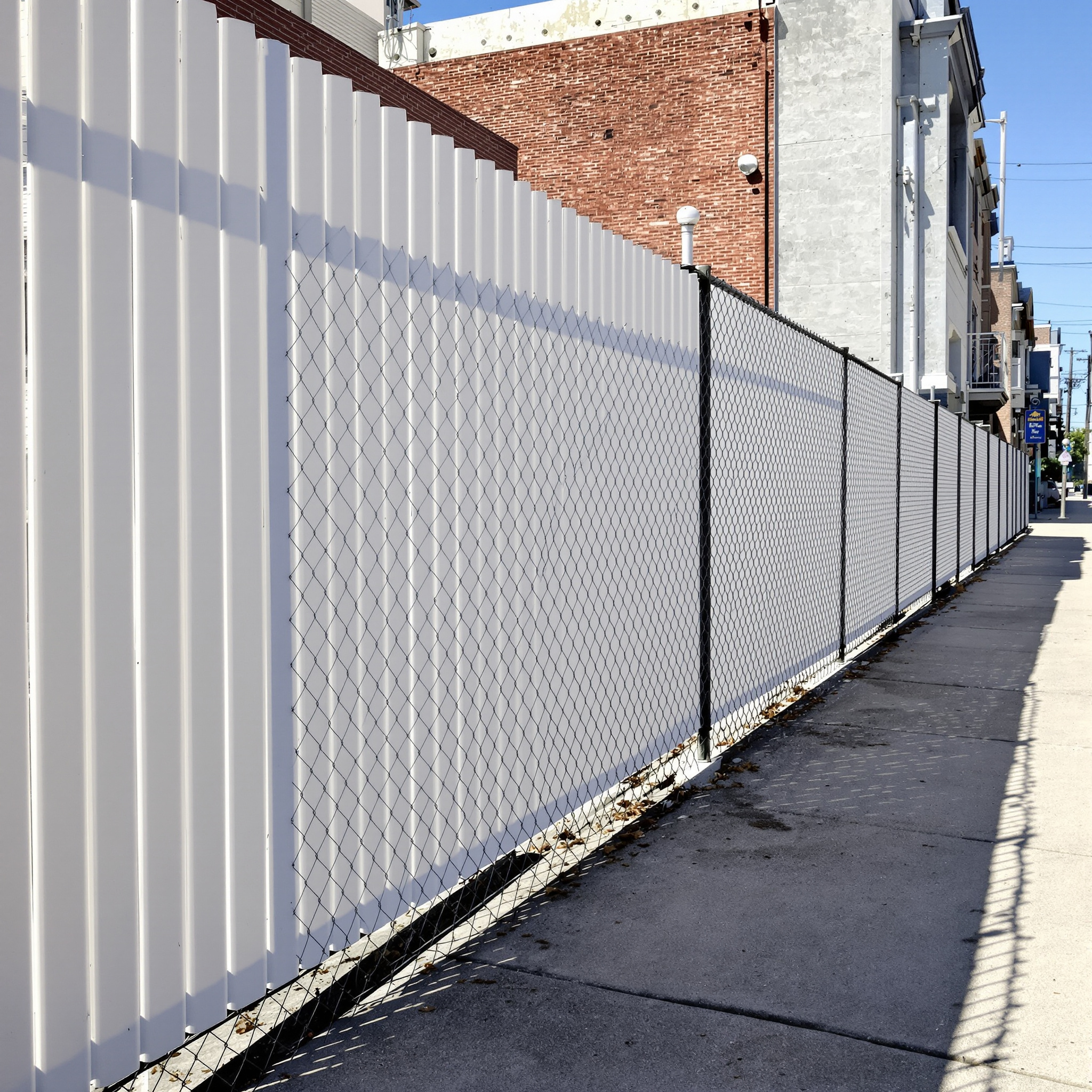 dewalk with tall chain-link fence covered in white privacy slats concrete pa 829290 - San Antonio Deck and Fence Works White vinyl fence with chain-link.-deck builder-San Antonio, Texas