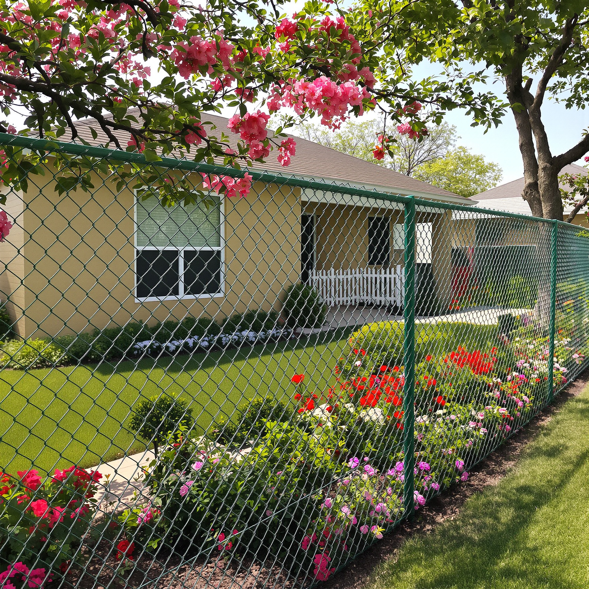 home with garden enclosed by a green chain-link fence shrubs flowers and 829290 - San Antonio Deck and Fence Works Green chain-link fence, colorful flowers.-deck builder-San Antonio, Texas