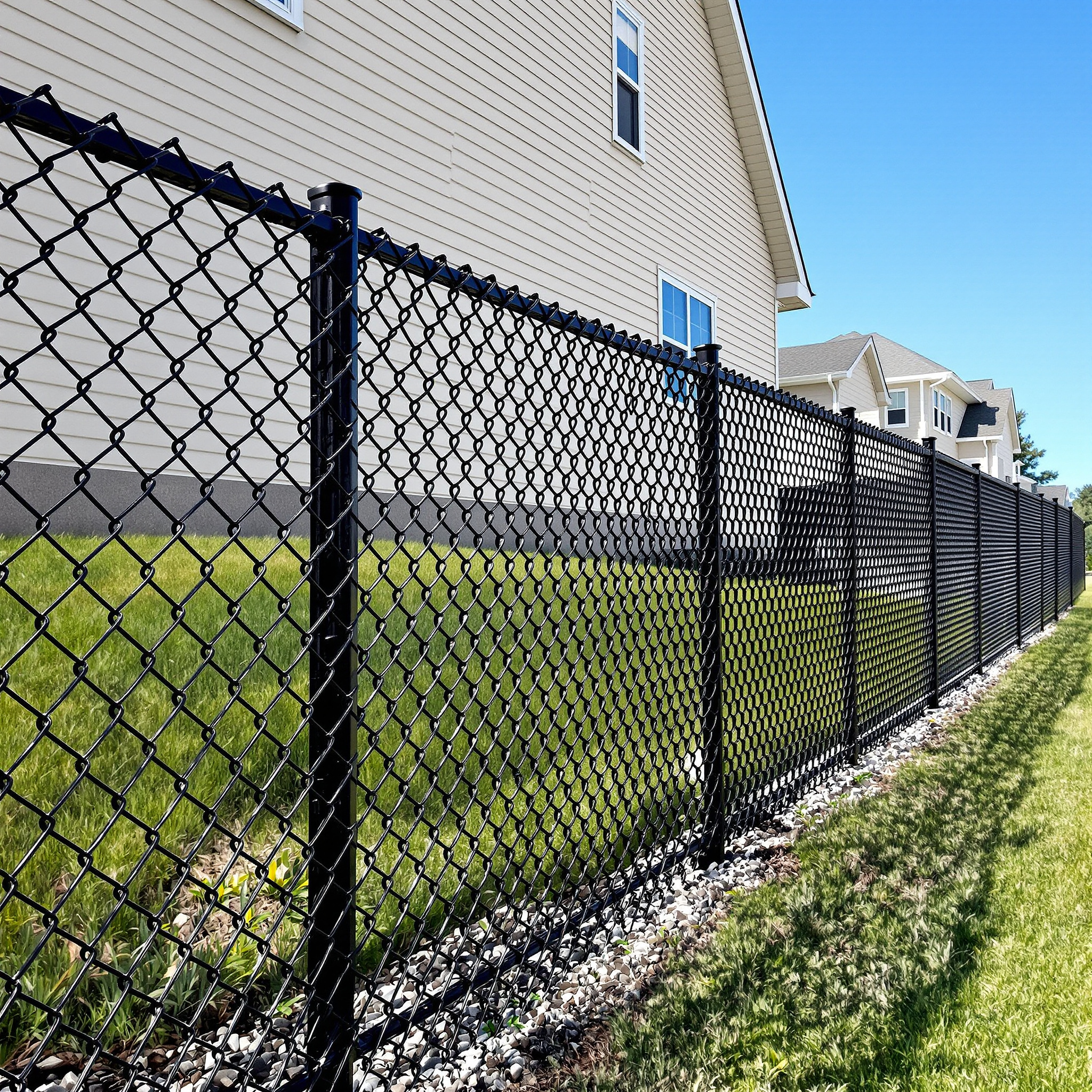 ink fence running along a sloping backyard beige siding house in backgr 829290 - San Antonio Deck and Fence Works Black chain-link fence with gravel border-deck builder-San Antonio, Texas