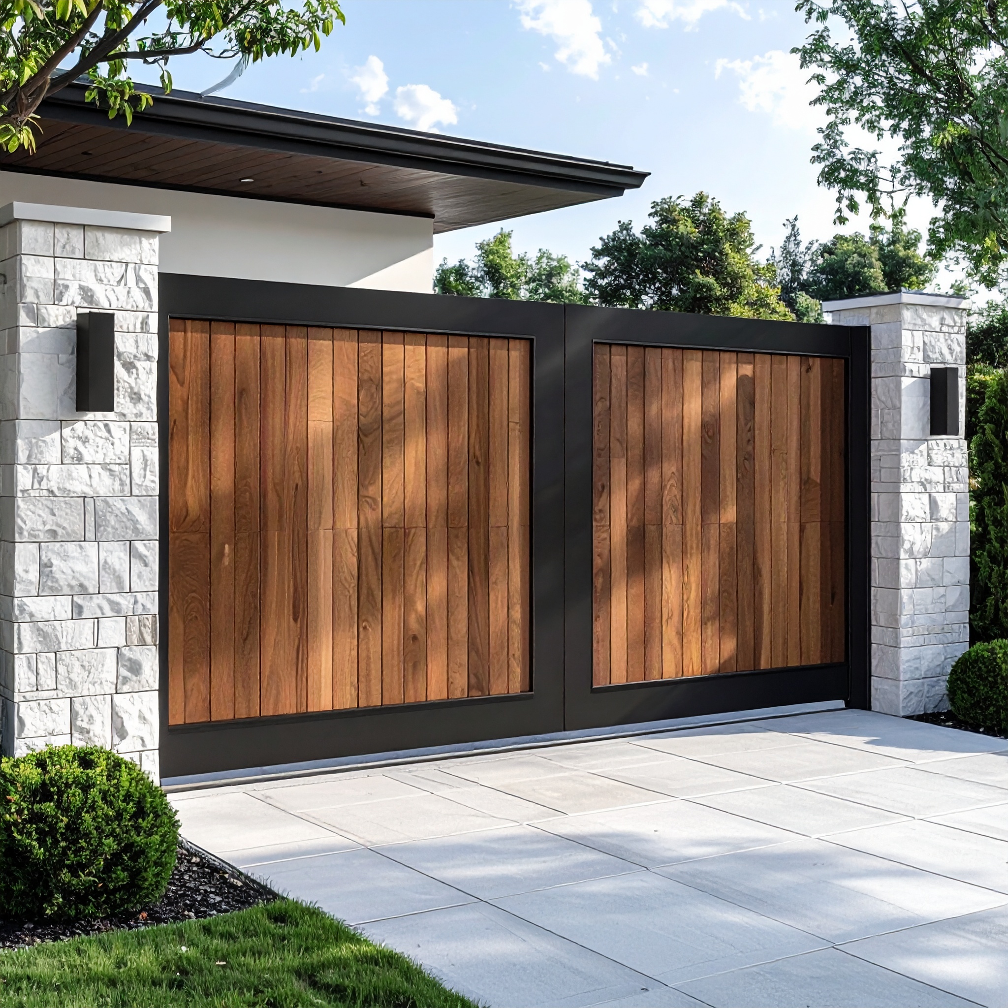 luxury modern sliding gate made of vertical wooden planks framed in black steel inst 553558 - San Antonio Deck and Fence Works Wooden gate with stone pillars-deck builder-San Antonio, Texas