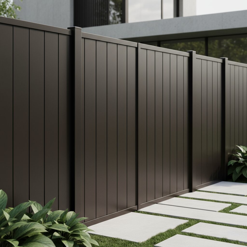 modern aluminum privacy fence with tall vertical panels in a dark brown finish The 192739 - San Antonio Deck and Fence Works Dark brown vinyl privacy fence panels-deck builder-San Antonio, Texas