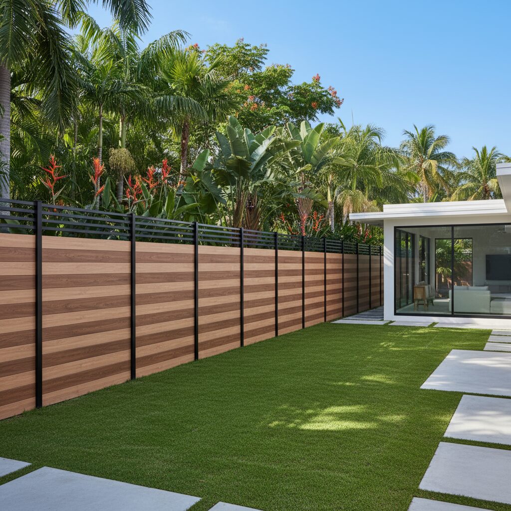 modern backyard with horizontal wood-grain vinyl fence sleek black posts contempora 241396 - San Antonio Deck and Fence Works Horizontal wood fence with black accents-deck builder-San Antonio, Texas