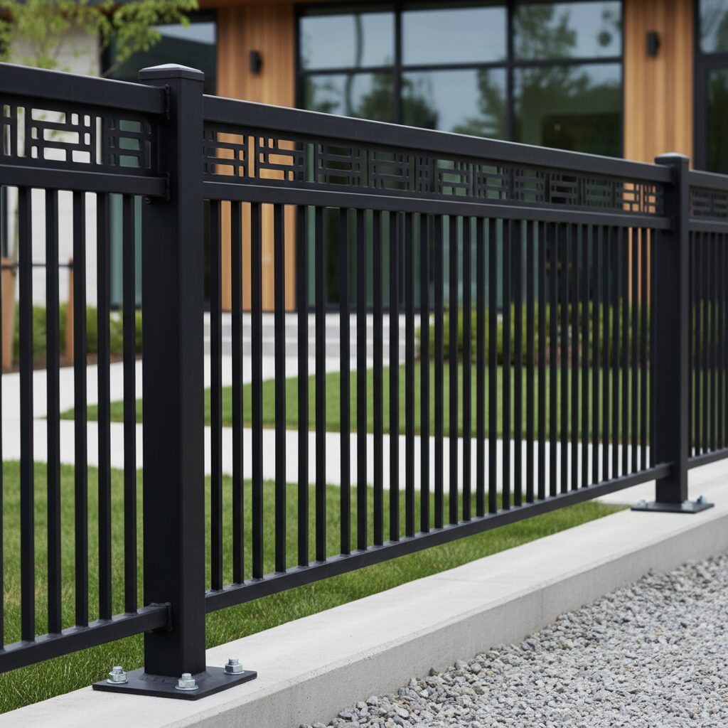 modern black aluminum fence with tall vertical pickets and a decorative horizontal 192739 - San Antonio Deck and Fence Works image of a fence - fence repair -San Antonio, Texas