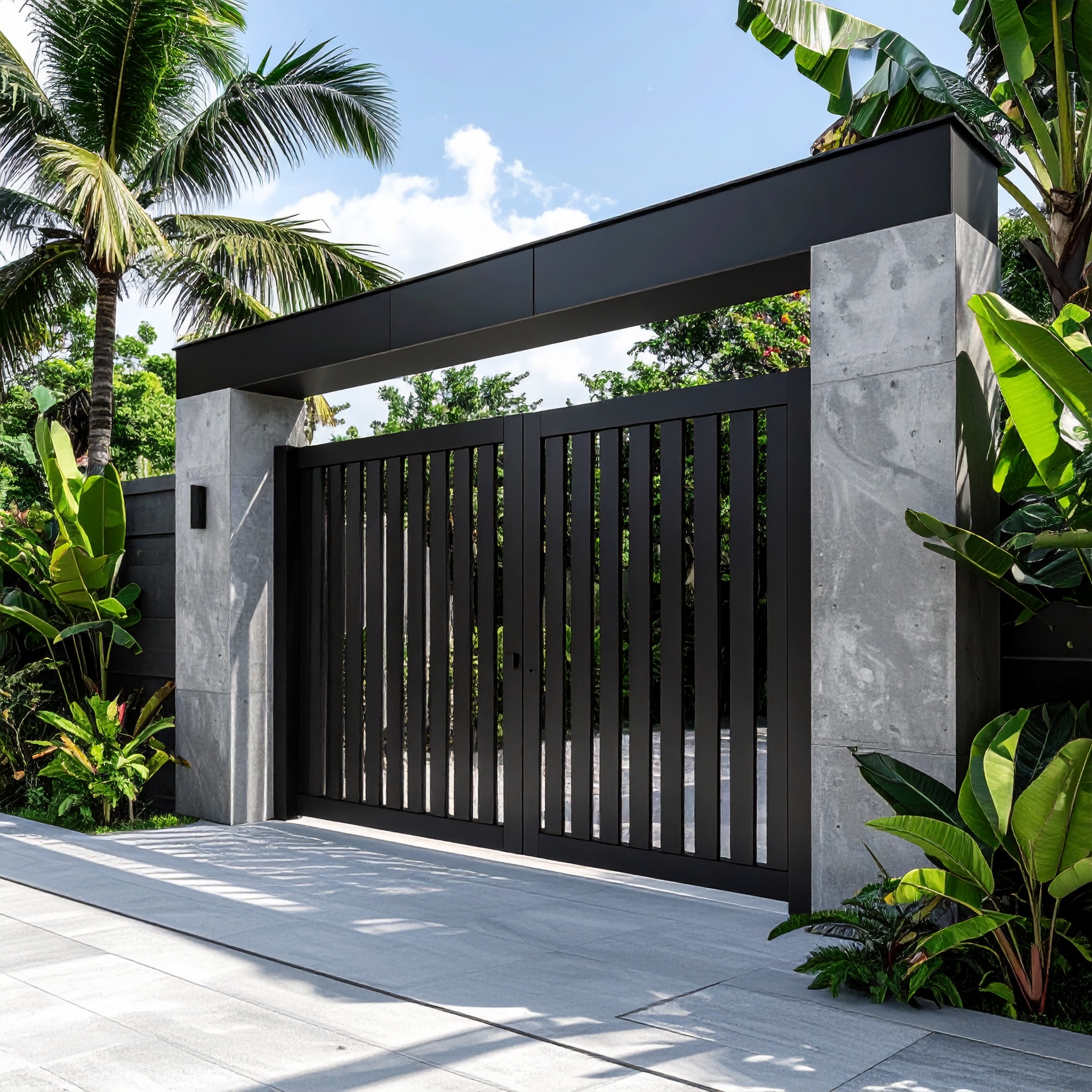 modern black sliding gate with vertical bars mounted on concrete posts outdoor sett 538939 - San Antonio Deck and Fence Works image of a fence - fence repair -San Antonio, Texas