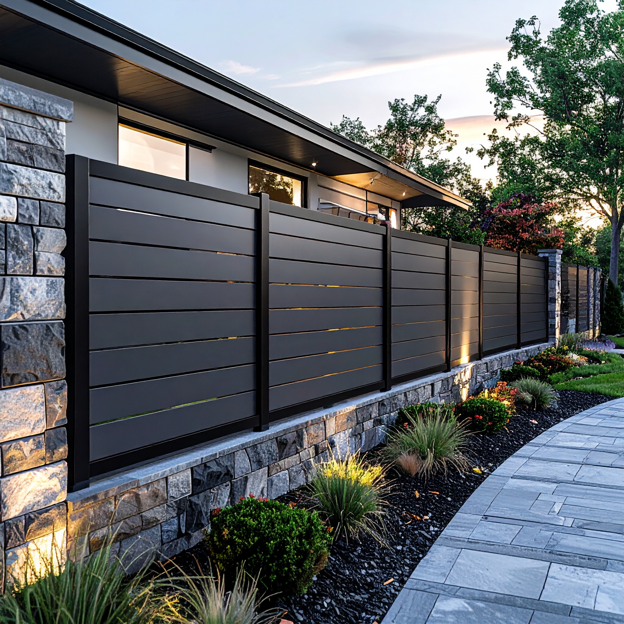 modern gray vinyl privacy fence with sleek horizontal panels and black metal framing 279842 - San Antonio Deck and Fence Works Black metal fence with stone base-deck builder-San Antonio, Texas
