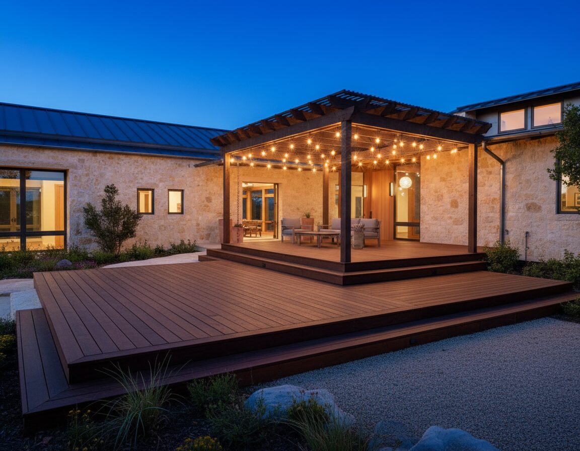modern house backyard with pergola - San Antonio Deck and Fence Works pergola cover on a modern hill country house in San Antonio