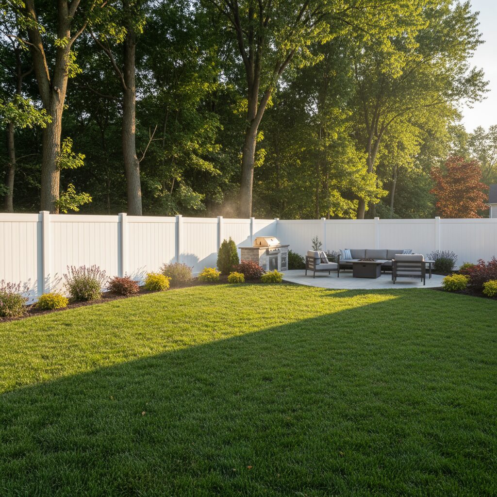 modern suburban backyard with tall white vinyl privacy fence trees casting shadows 321797 - San Antonio Deck and Fence Works White vinyl privacy fence panels-deck builder-San Antonio, Texas