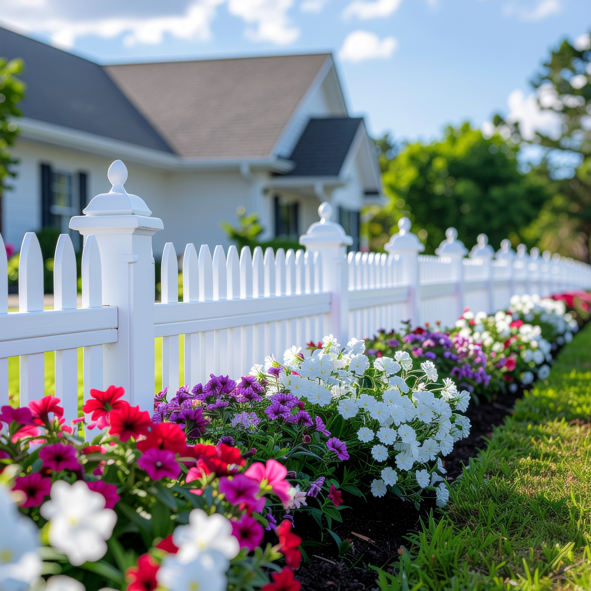 ornamental white vinyl picket fence with arched gothic-style tops lush flower garden 986275 - San Antonio Deck and Fence Works White vinyl picket fence with flowers.-deck builder-San Antonio, Texas