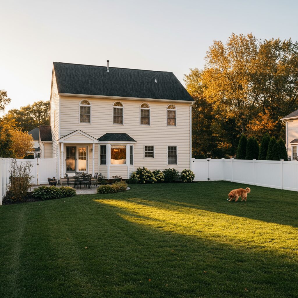 suburban two-story home with large backyard white vinyl privacy fence enclosing lawn 321797 - San Antonio Deck and Fence Works White vinyl fence, patio, green lawn.-deck builder-San Antonio, Texas