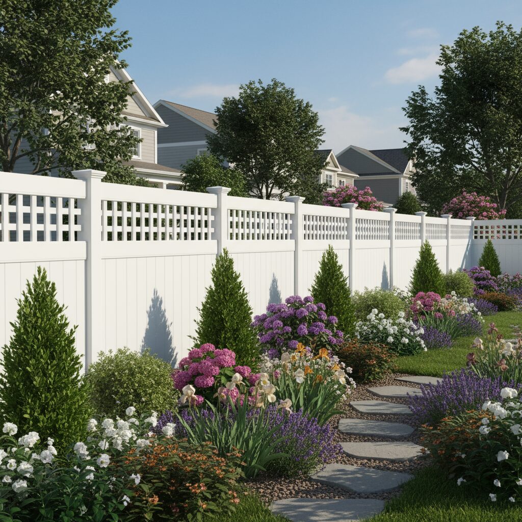 white vinyl privacy fence with decorative lattice top landscaped garden bed with shr 321797 - San Antonio Deck and Fence Works White vinyl privacy fence with lattice.-deck builder-San Antonio, Texas