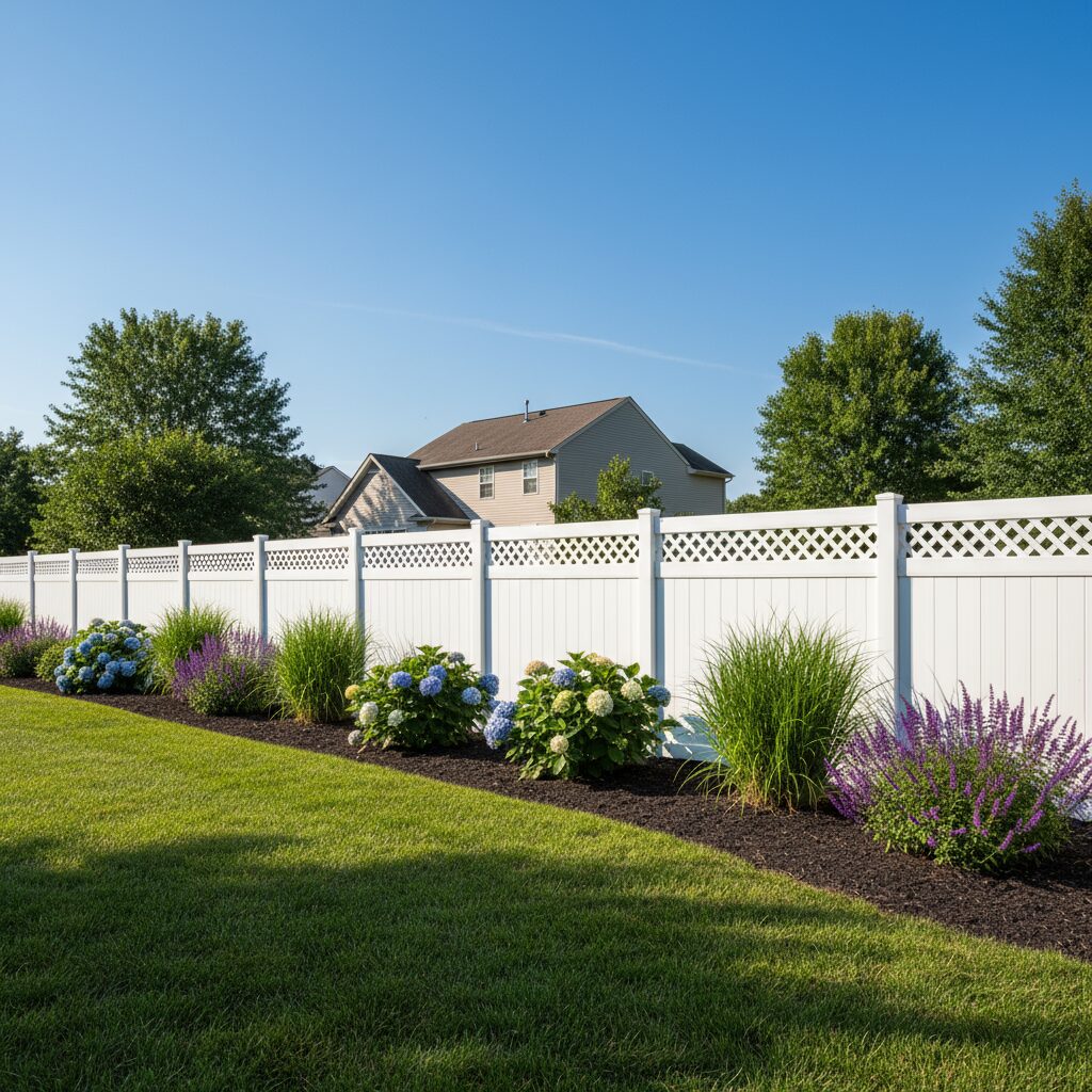 white vinyl privacy fence with lattice top accent decorative garden plants bright b 321797 - San Antonio Deck and Fence Works white vinyl fence image - San Antonio, Texas